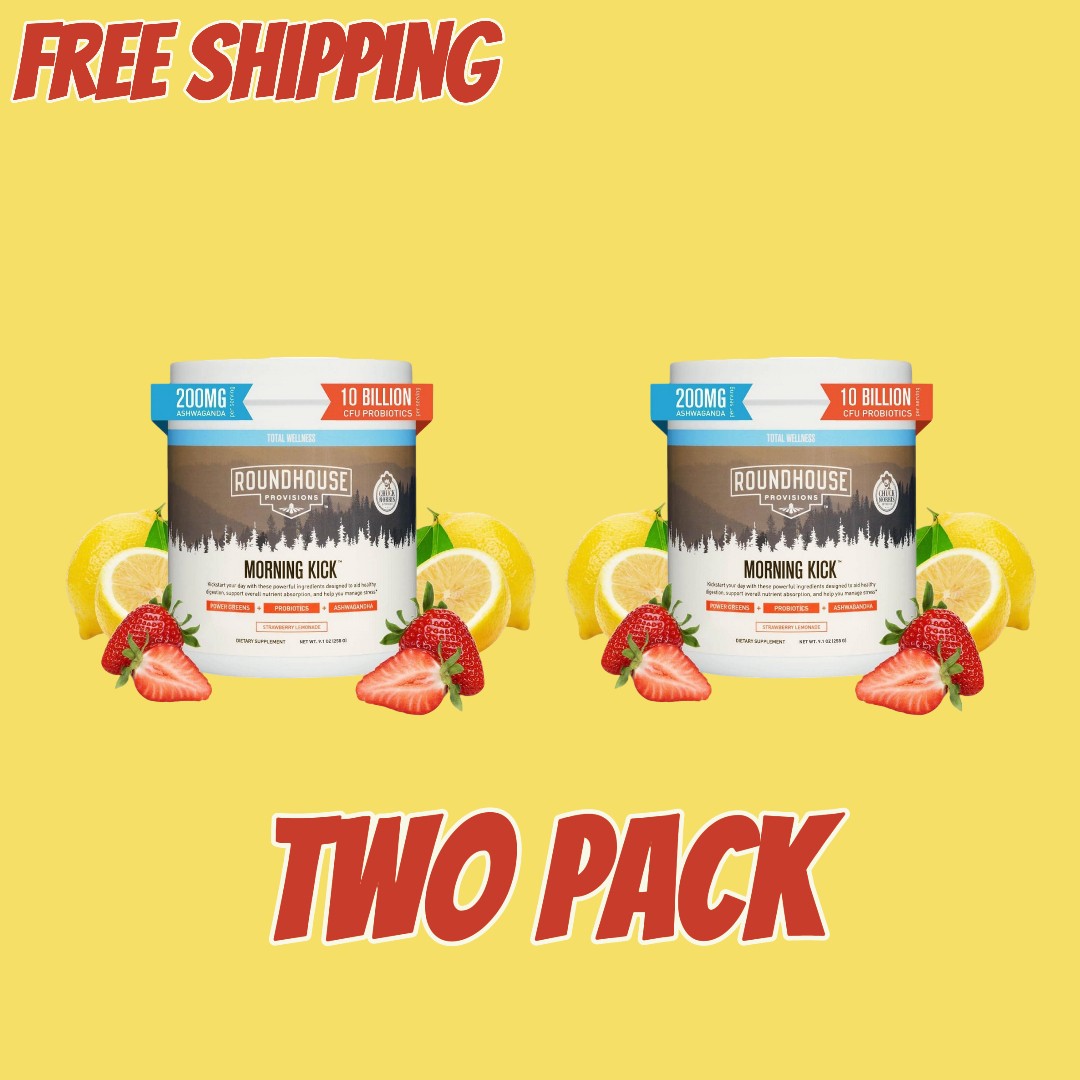 Morning Kick Zero Sugar Greens Superfood Powder – Two Pack – Strawberry Lemonade Flavor – With Ashwagandha, Collagen, Probiotics, Debloat Support – 30 Servings Each