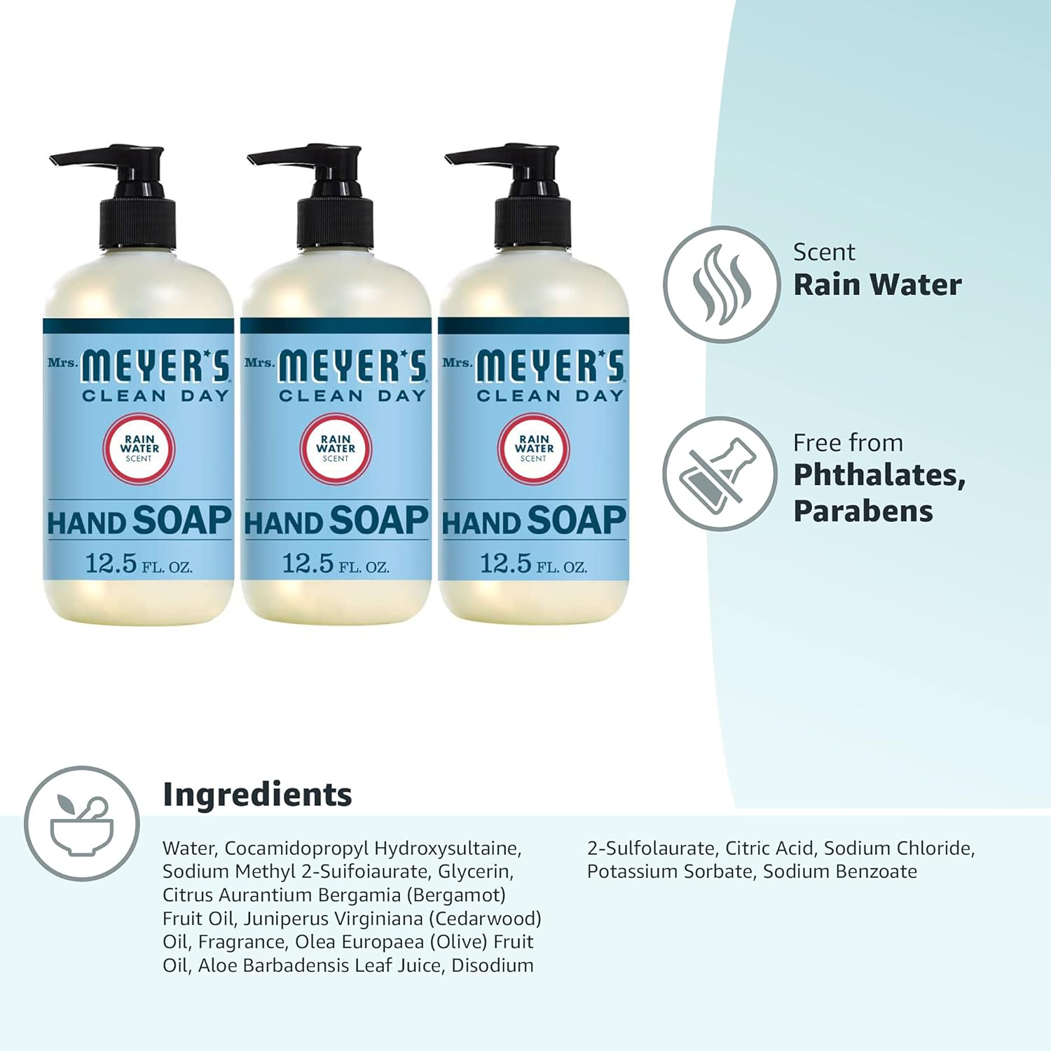 Mrs. Meyer’s Clean Day Hand Soap | Rain Water Scent | Essential Oils & Biodegradable Formula | Paraben-Free | 12.5 fl. oz (Pack of 3)