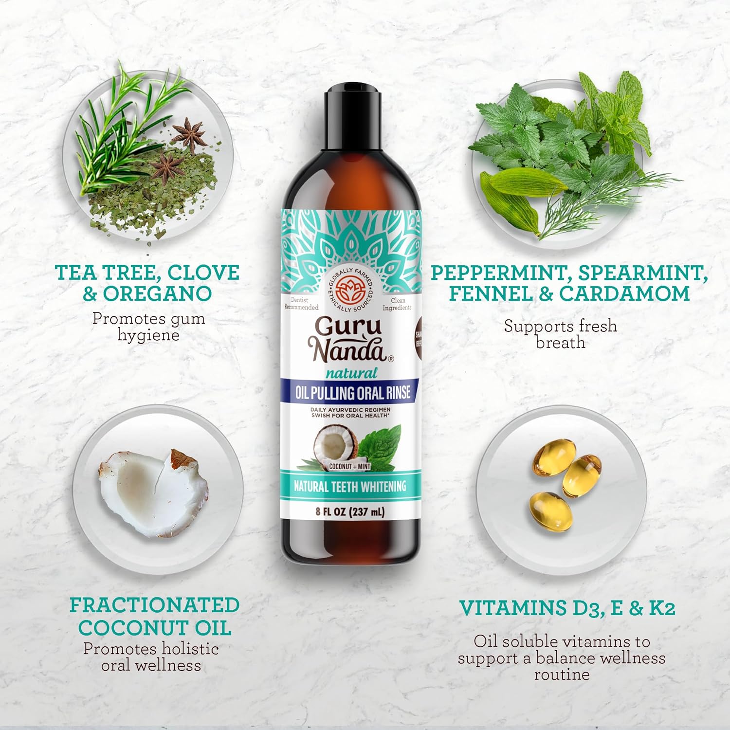 GuruNanda Coconut Oil Pulling Mouthwash with 7 Essential Oils & Vitamins – Alcohol-Free, Fresh Breath & Teeth Whitening, 8 oz