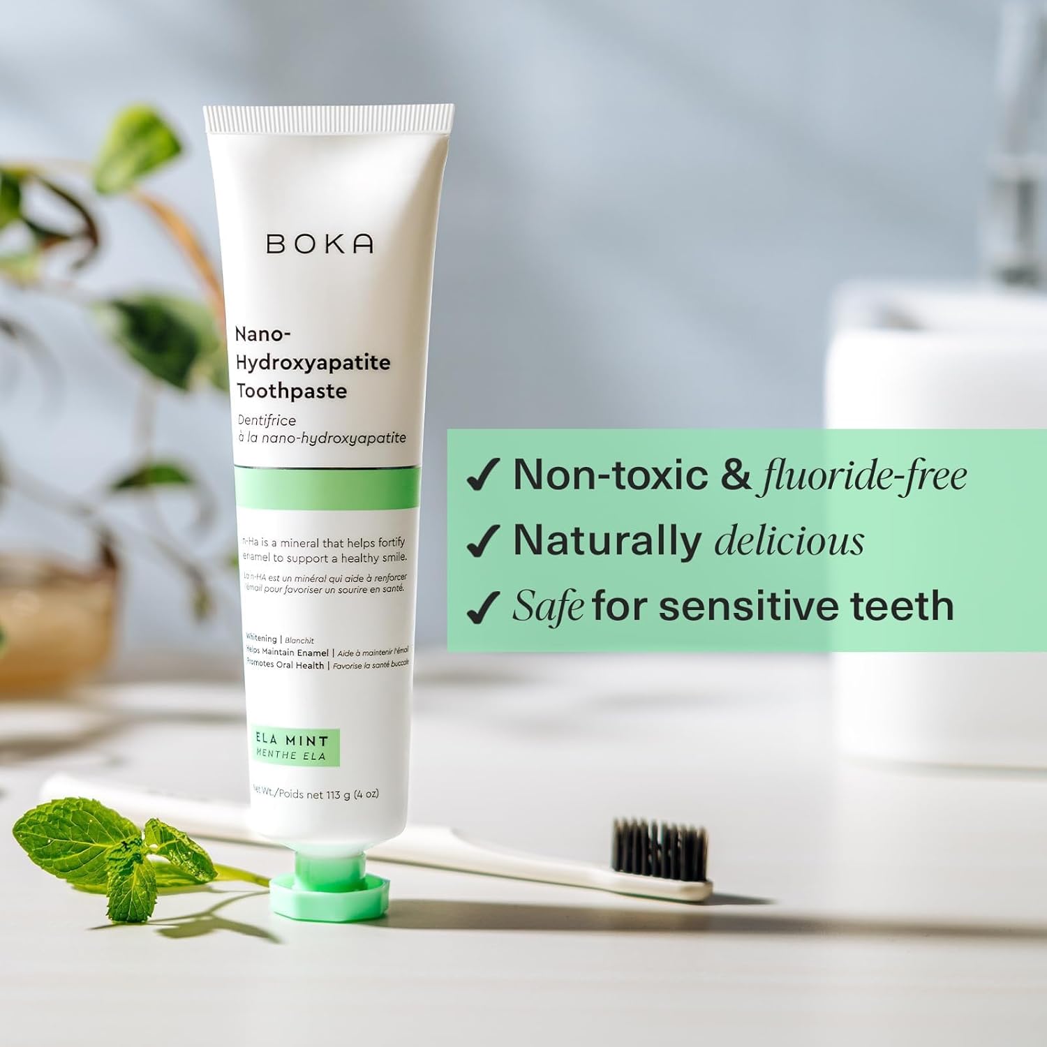 Boka Fluoride-Free Toothpaste | Remineralizing & Whitening with Nano Hydroxyapatite (n-Ha) for Sensitive Teeth - Dentist Recommended, Ela Mint Flavor, 4oz