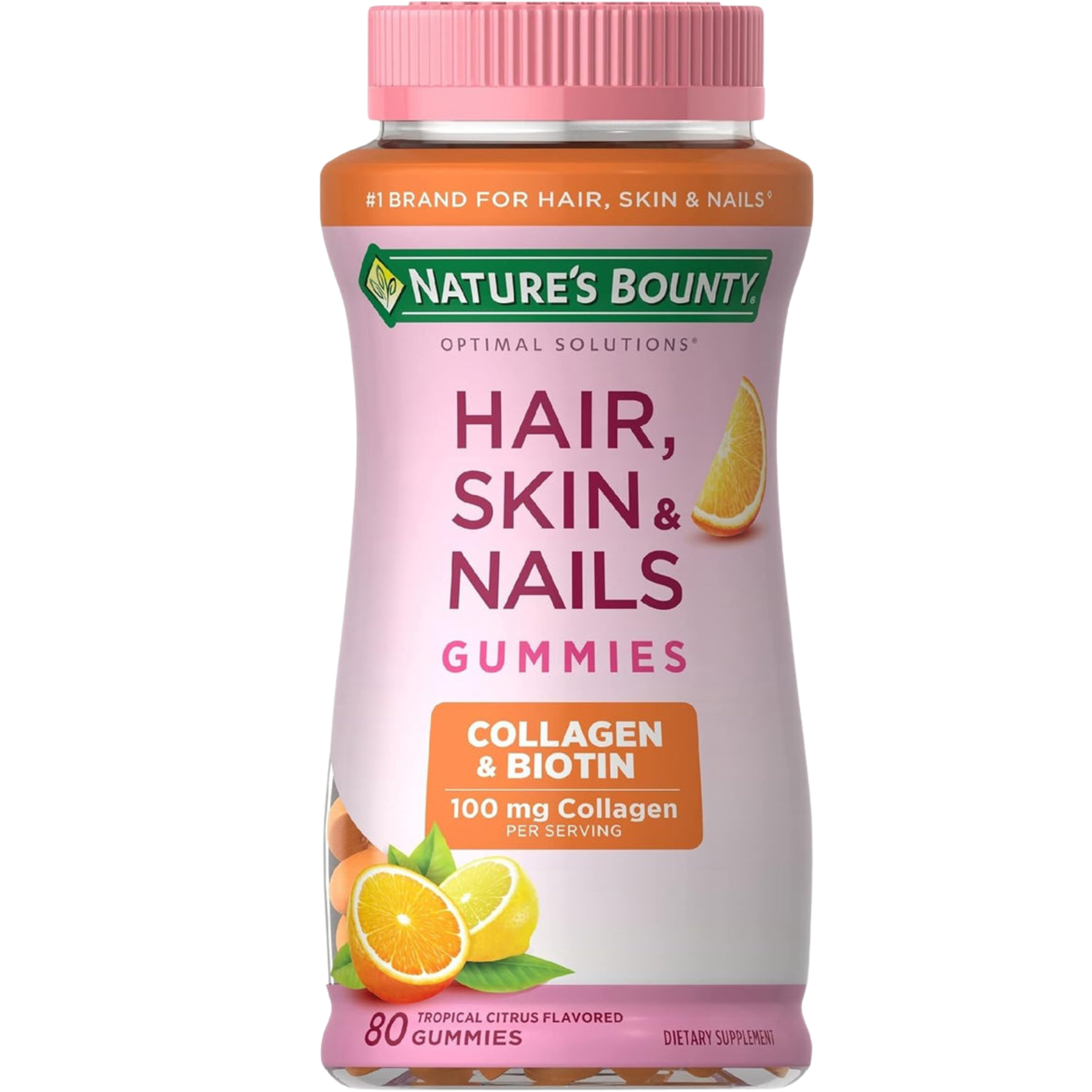 Nature's Bounty Optimal Solutions Hair, Skin & Nails Gummies with Biotin & Collagen – Tropical Citrus Flavor, 2500 mcg, 80 Ct