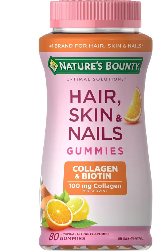 Title: Nature's Bounty Optimal Solutions Hair, Skin & Nails Gummies with Biotin & Collagen – Tropical Citrus Flavor, 2500 mcg, 80 Ct