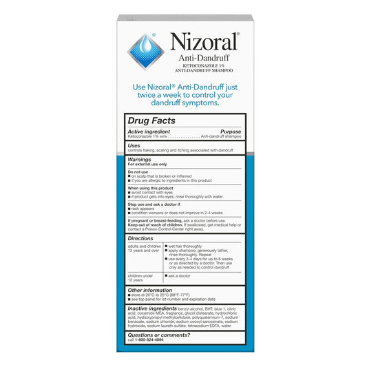 "Fight dandruff with Nizoral Anti-Dandruff Shampoo. Powered by 1% Ketoconazole, it controls flaking, scaling, and itching while leaving hair soft and fresh." - Ballimart