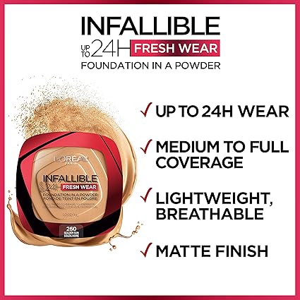 L'Oreal Paris Makeup Infallible Fresh Wear Powder Foundation, 24H Waterproof Coverage, Matte Finish, Vanilla Shade, 0.31 oz