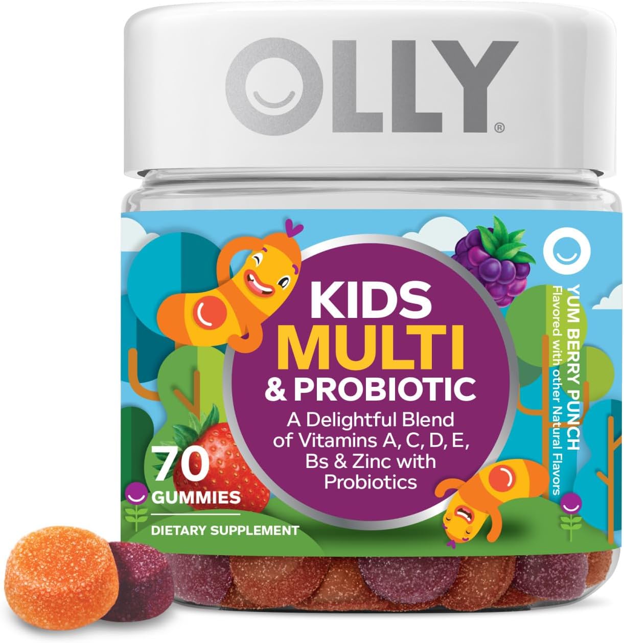 OLLY Kids Multi & Probiotic gummy supplement jar with colorful design on a white background
