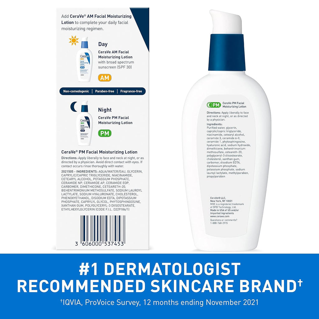 CeraVe PM Facial Moisturizing Lotion | Oil-Free Night Cream with Hyaluronic Acid & Niacinamide | 3oz - Ballimart