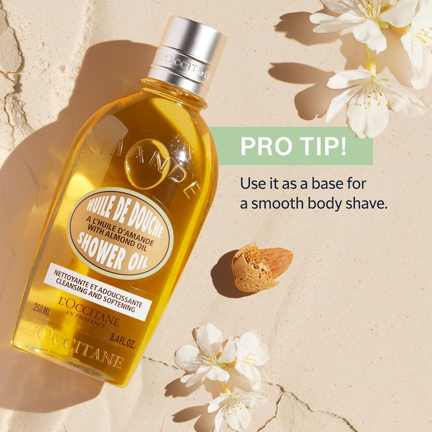 L'Occitane Almond Shower Oil – Cleansing & Softening Oil-to-Milk Lather, Hydrating Shower Gel with Sweet Almond Oil, 8.4 Fl Oz