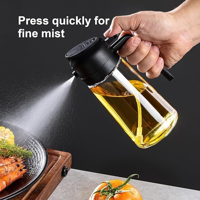 TrendPlain 16oz Olive Oil Dispenser Bottle - 2-in-1 Oil Dispenser & Sprayer for Cooking, Air Fryer, Salad | 470ml BPA-Free Glass Oil Sprayer (Black)