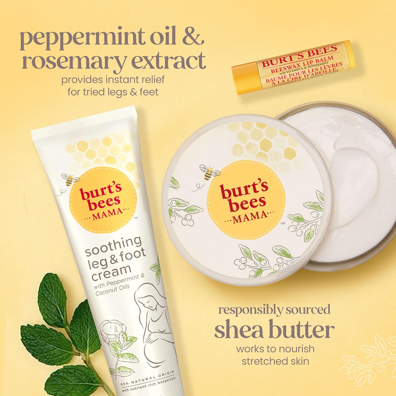 Burt's Bees Pregnancy Essentials Gift Set – Mama Belly Butter, Original Lip Balm, Leg & Foot Cream – Baby Shower & Skincare Gifts for Moms-To-Be