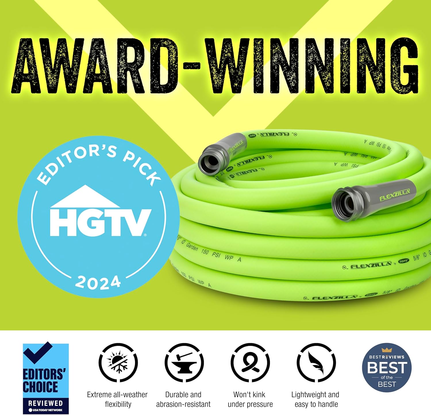 Flexzilla Garden Hose 5/8 in. x 50 ft - Heavy Duty, Lightweight, Drinking Water Safe, ZillaGreen