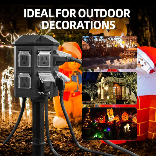 Title Outdoor Power Stake Timer with 100FT Remote Control – Dusk to Dawn, Waterproof Christmas Light Timer, 6 Grounded Outlets, 6FT Extension Cord, ETL Listed