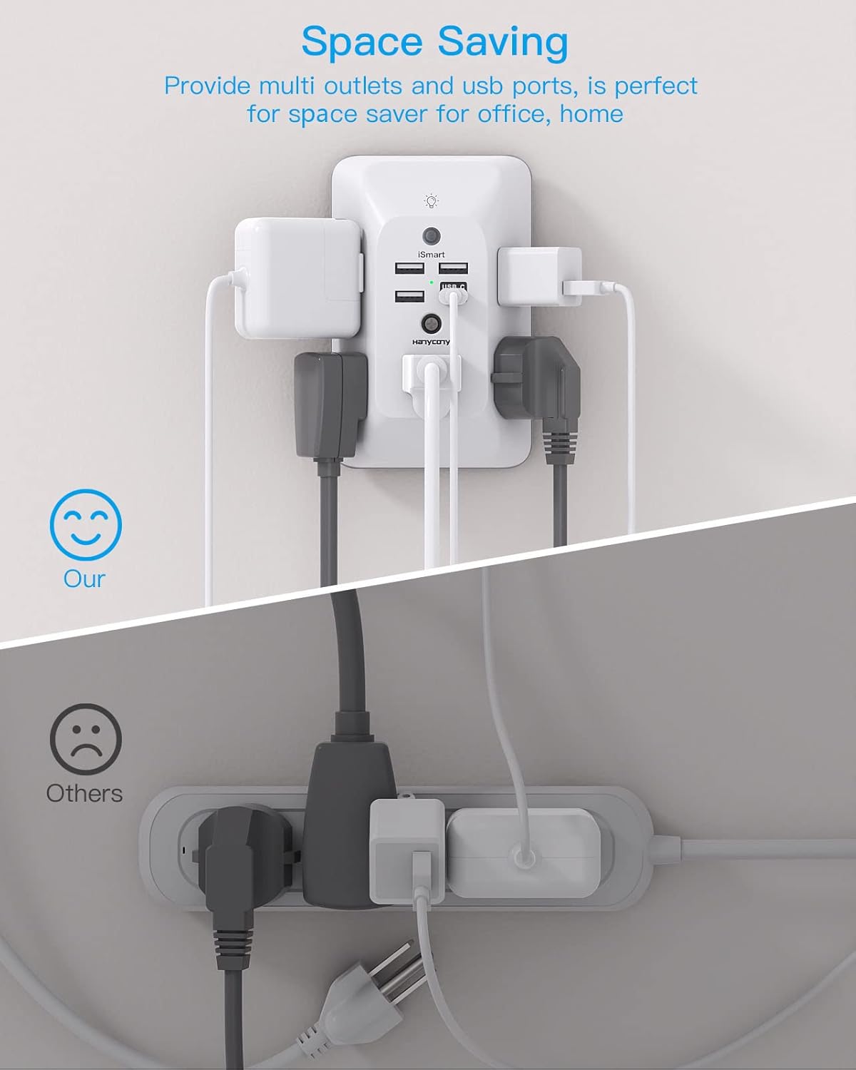 Outlet Extender with Night Light – 4 USB Ports (1 USB-C), Surge Protector, Multi-Plug Power Strip for Home, Office, and Dorm