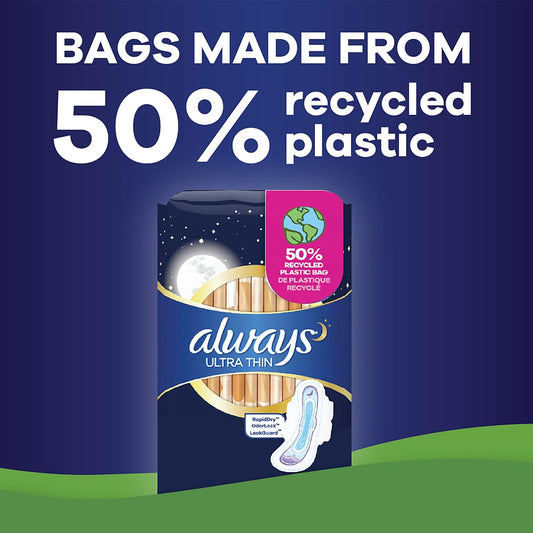 Always Ultra Thin Overnight Pads with Wings, Size 4, 96 Count – 100% Leak-Free, Rapid DRY Absorption, Odor Control - Ballimart