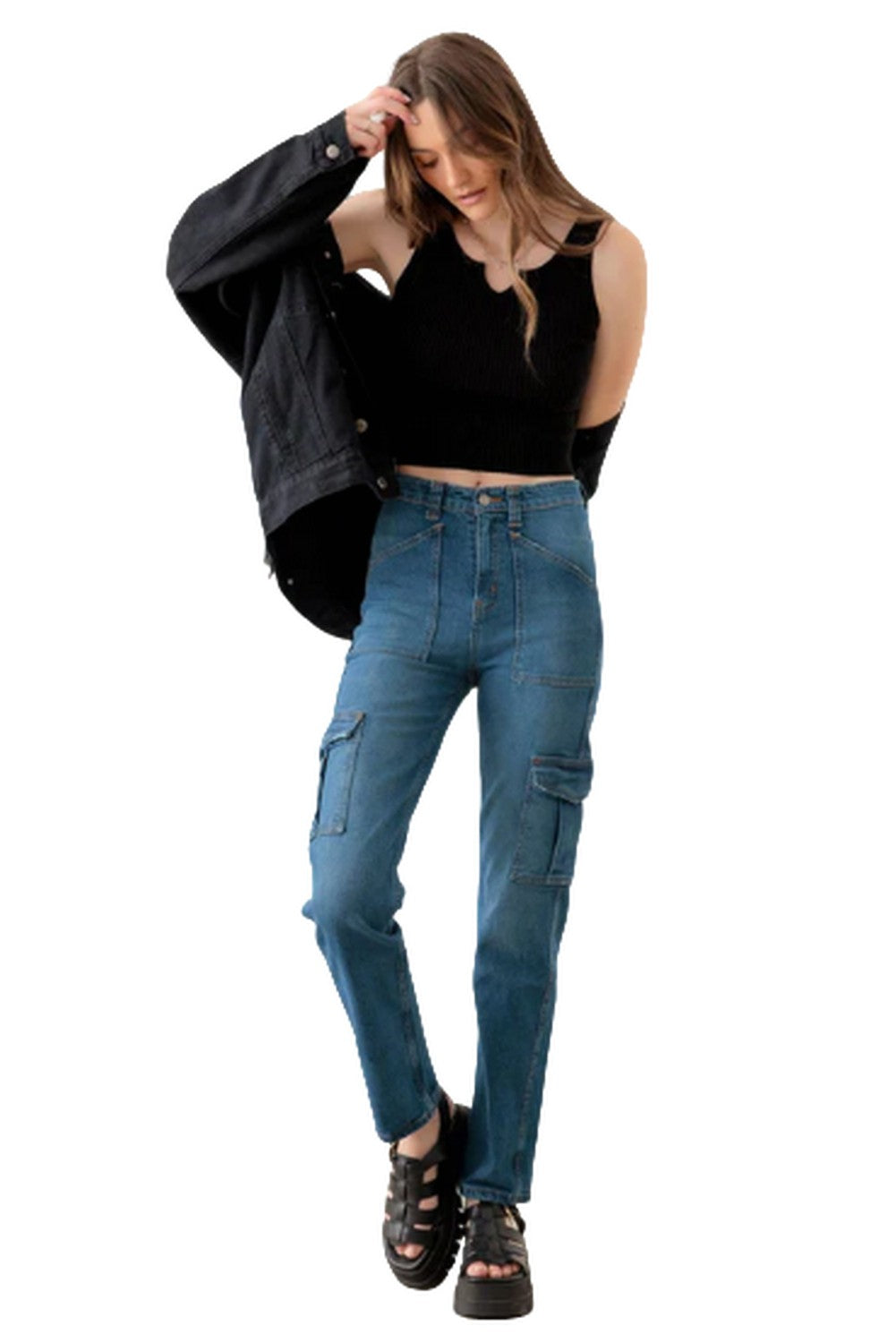 Blue High Rise Wide Cargo Jeans - Ballimart