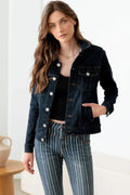 Dark Wash Front Pockets Gold Buttons Denim Jacket - Ballimart