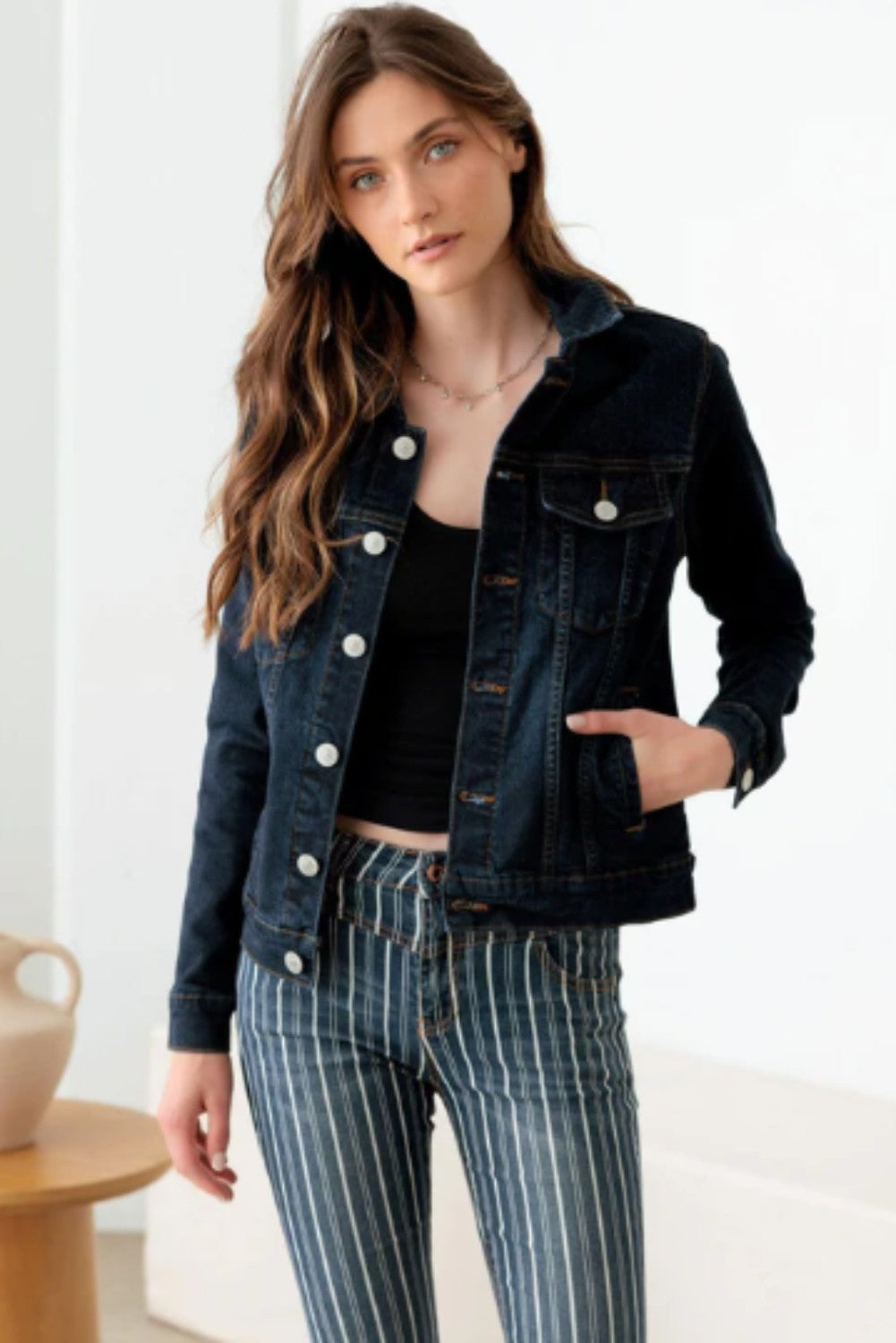 Dark Wash Front Pockets Gold Buttons Denim Jacket - Ballimart