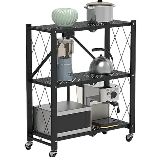 3-Tier Foldable Storage Shelf With Lockable Wheels - No Assembly Rolling Utility Shelf - Ballimart