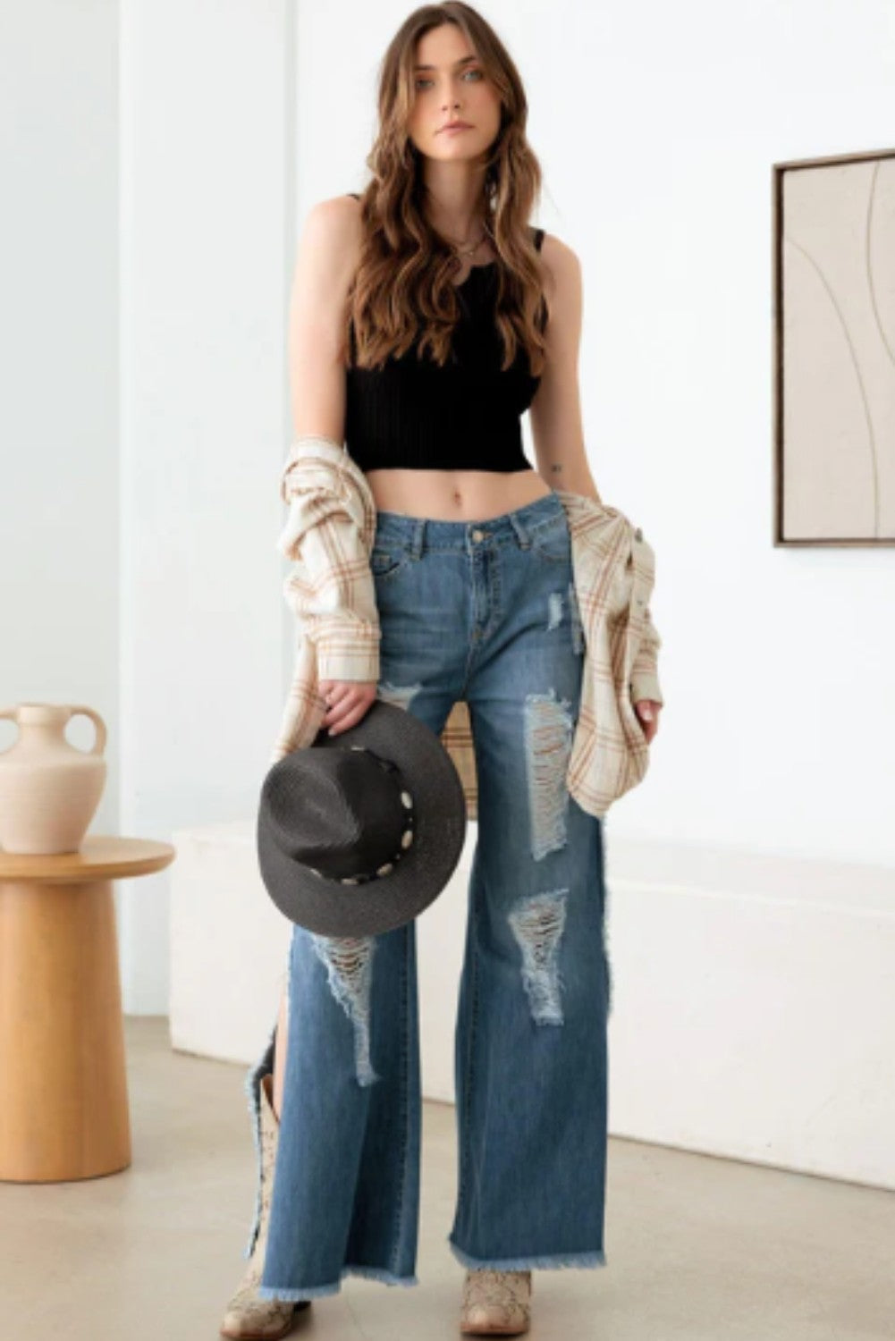 Blue Side Slit Wide Leg Destroyed Jeans - Ballimart