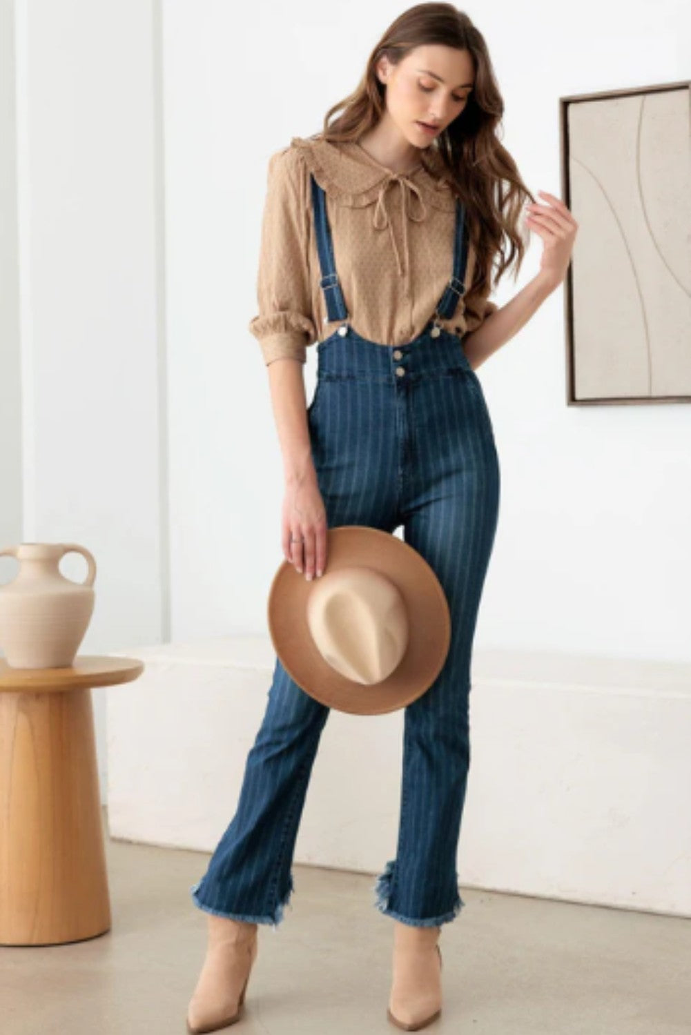 Striped Pattern Stretched Suspender Denim Jumpsuit - Ballimart