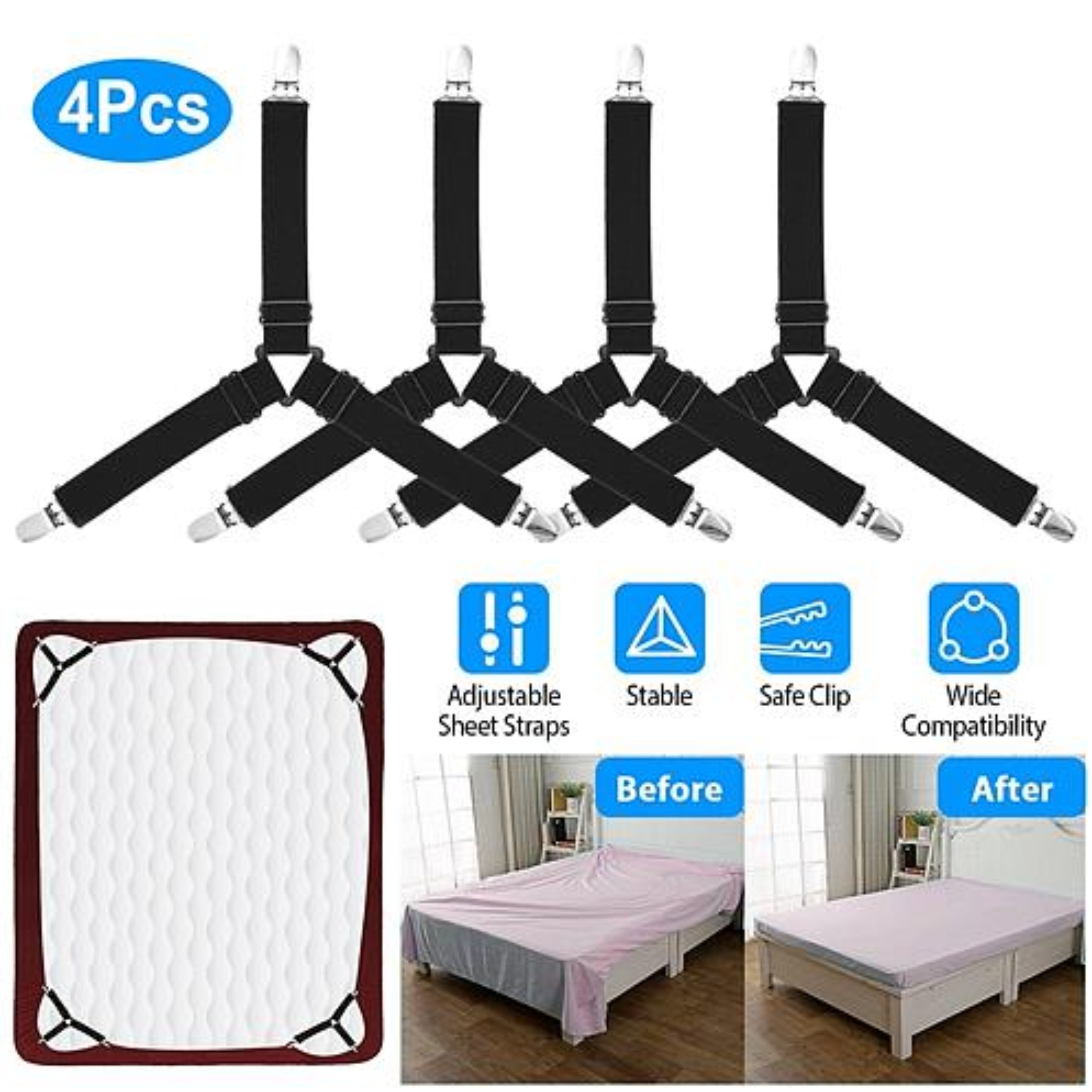 4Pcs Bed Sheet Fastener Holder - Triangle Mattress Suspender Straps