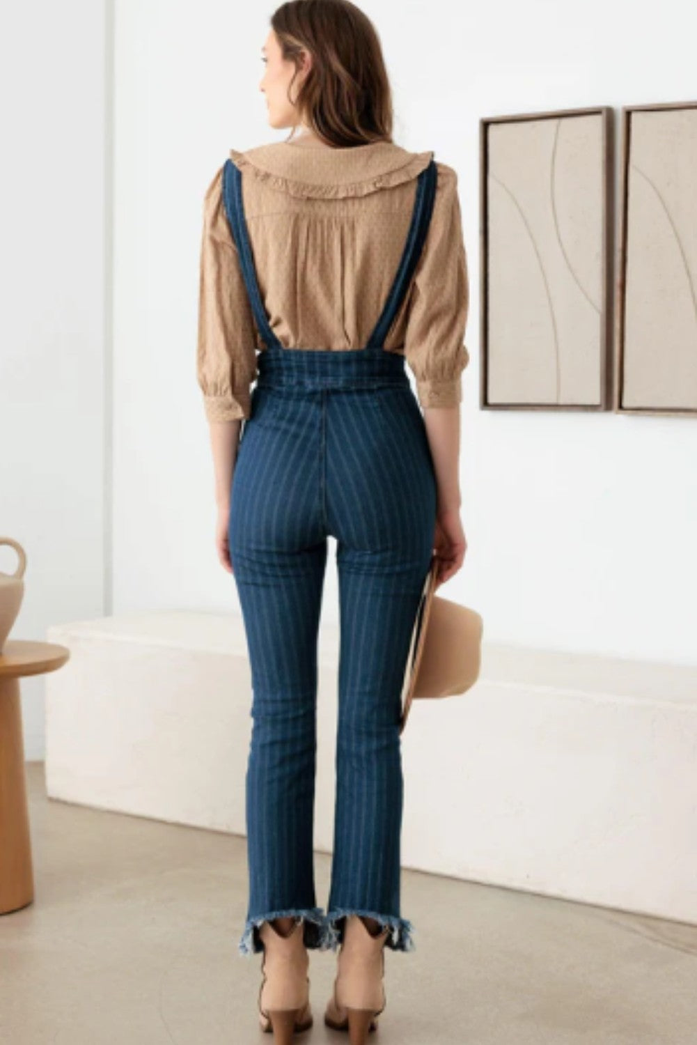 Striped Pattern Stretched Suspender Denim Jumpsuit