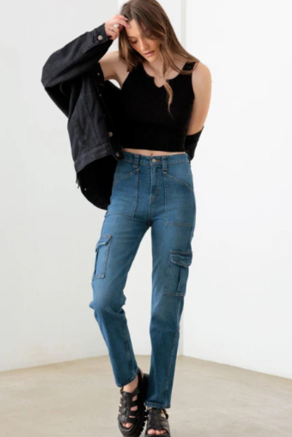 Dark Wash Front Pockets Gold Buttons Denim Jacket - Ballimart