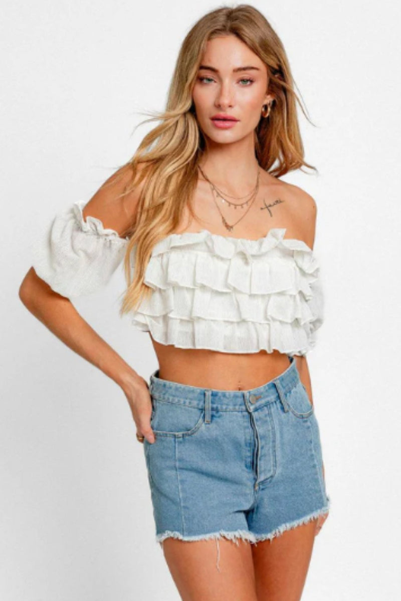 Off Shoulder Frill Stripe Ruffle Crop Top