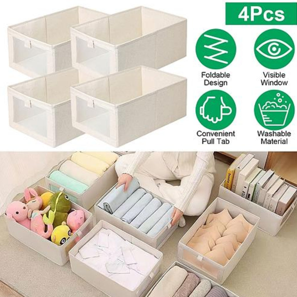 NewHome 4Pcs Foldable Linen Clothing Storage Bins with Visible Clear Window - Ballimart
