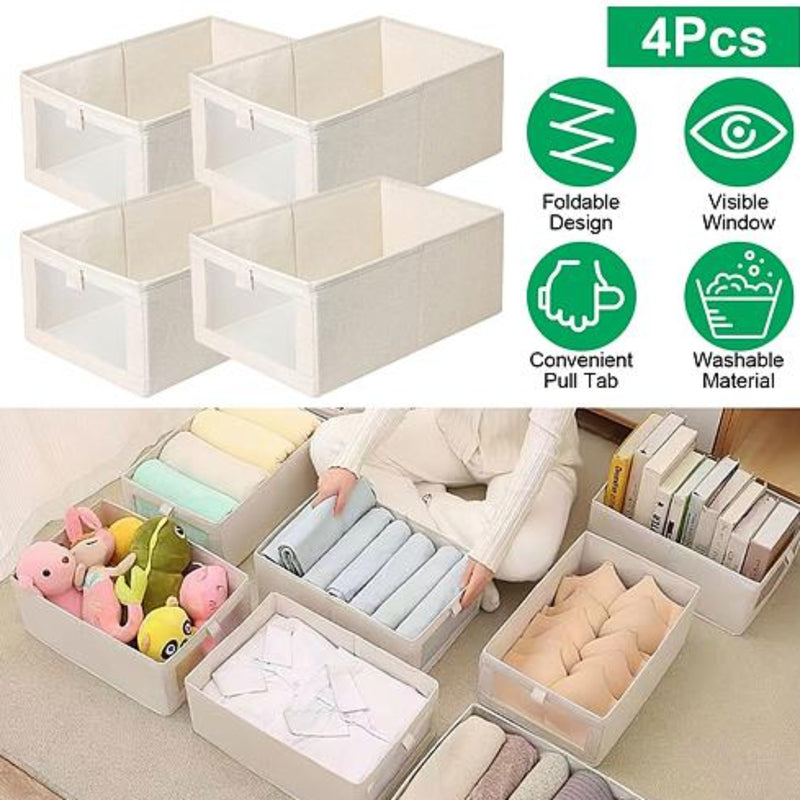 NewHome 4Pcs Foldable Linen Clothing Storage Bins with Visible Clear Window