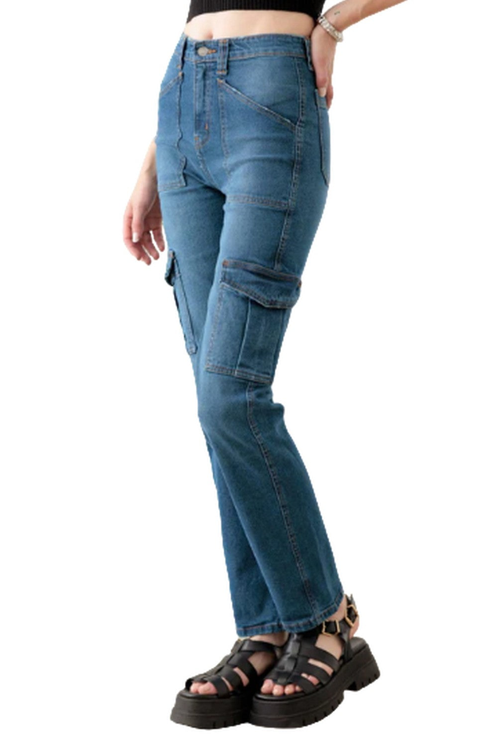 Blue High Rise Wide Cargo Jeans