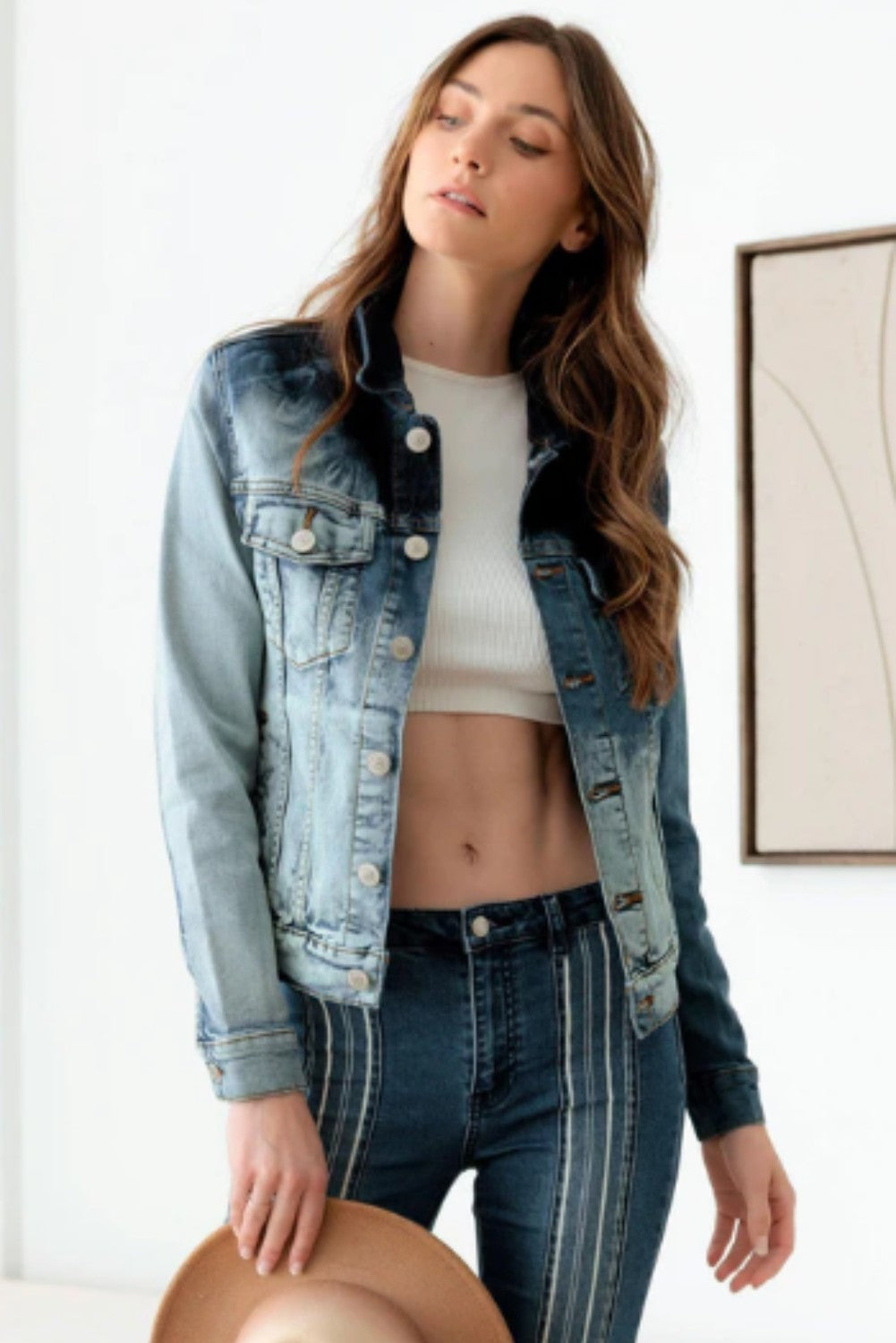 Faded Blue Front Pockets Gold Buttons Denim Jacket - Ballimart