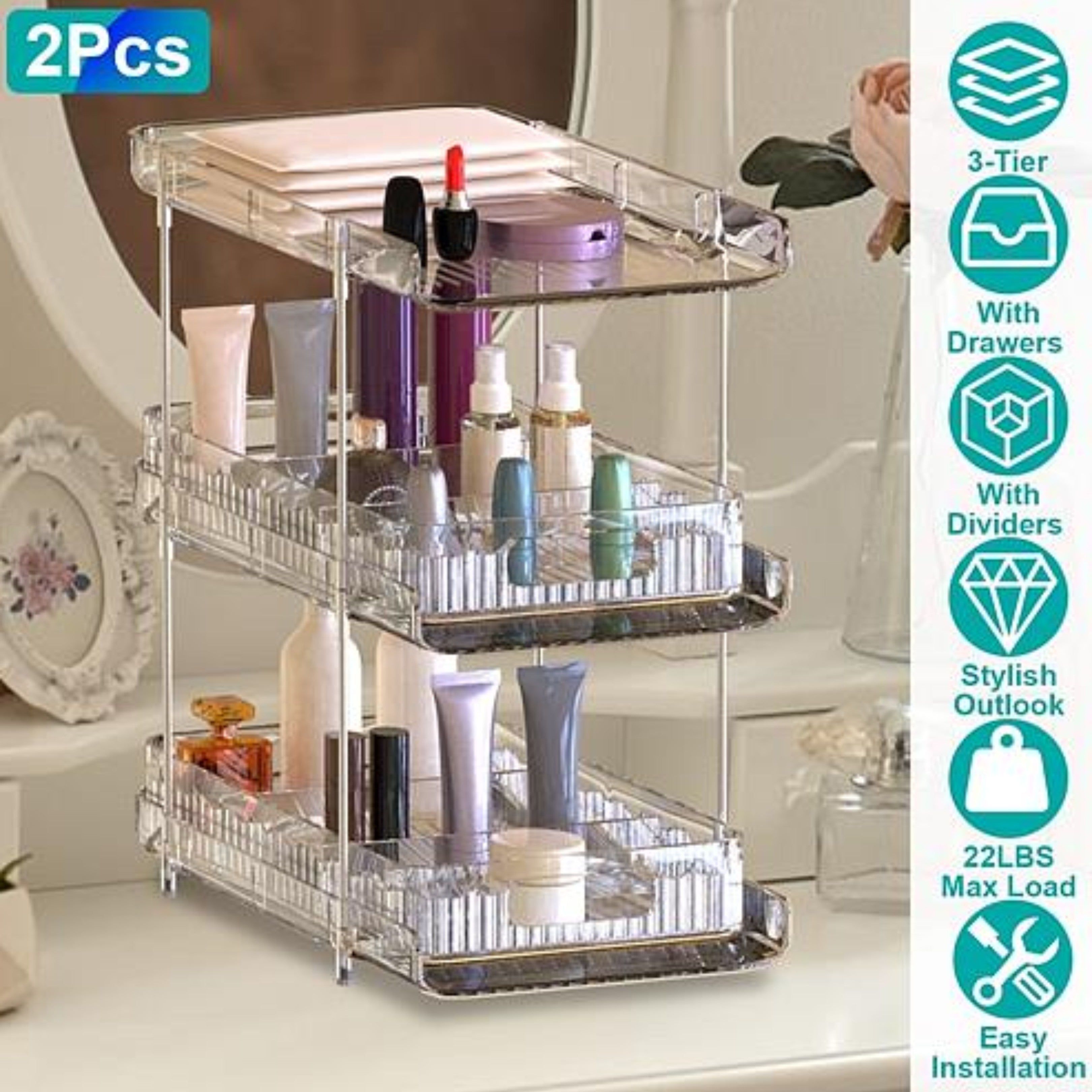 NewHome 2 Packs 3 Tier Clear Bathroom Organizer with Drawers