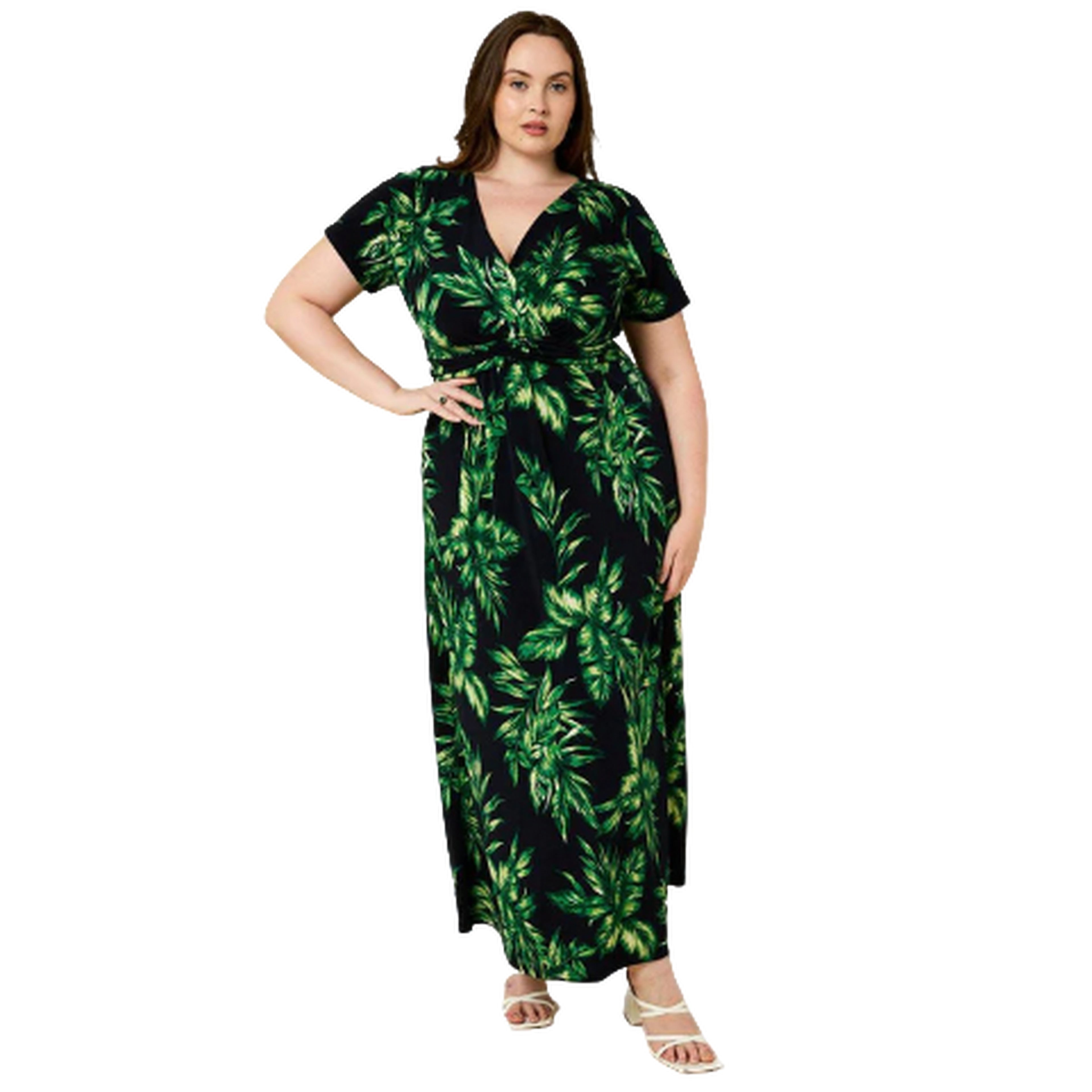 Plus Size Short Sleeve Front Twist Tropical Maxi Dress - Ballimart