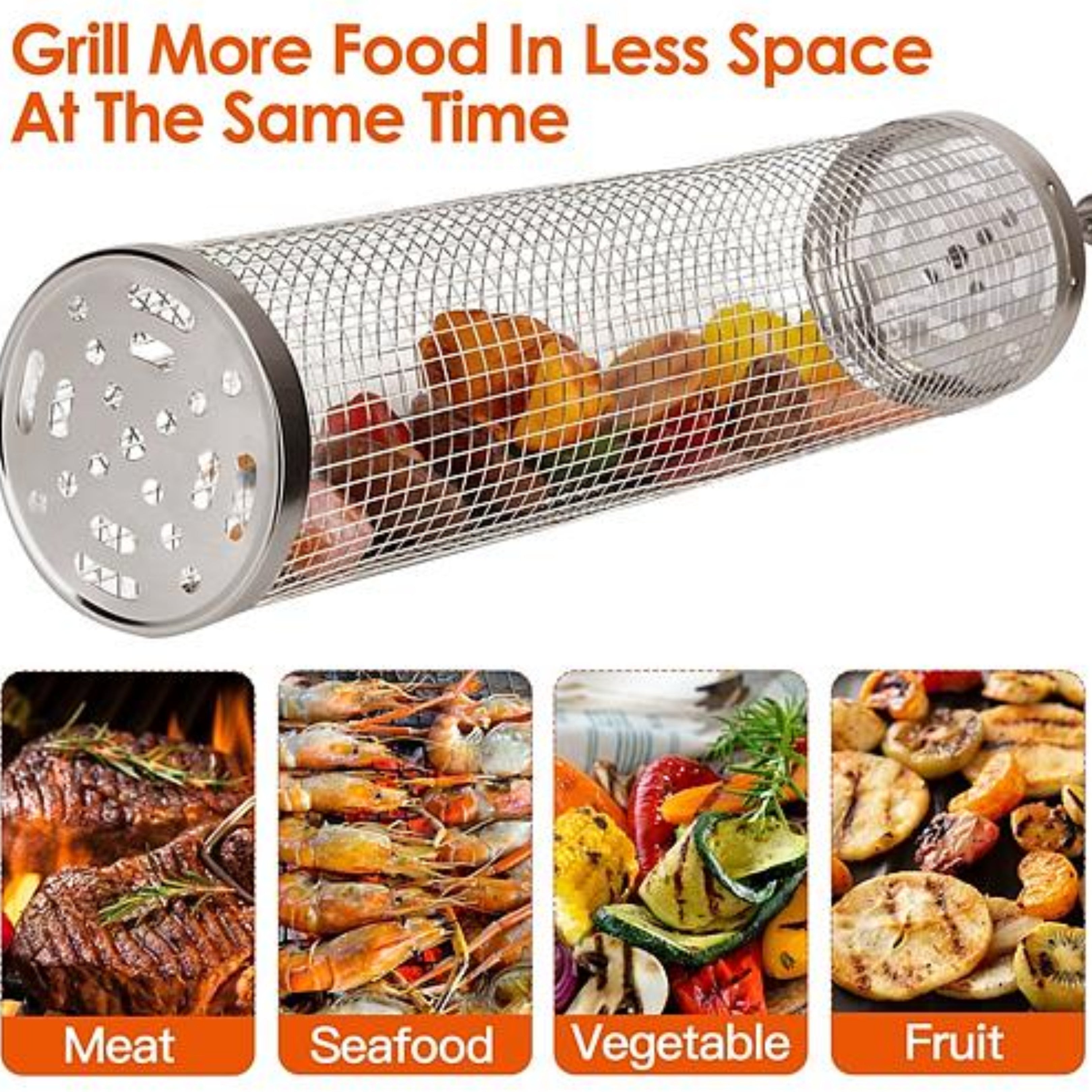 2Pack Rolling Grill Baskets BBQ Net Tubes - Stainless Steel Barbecue Grill Grates