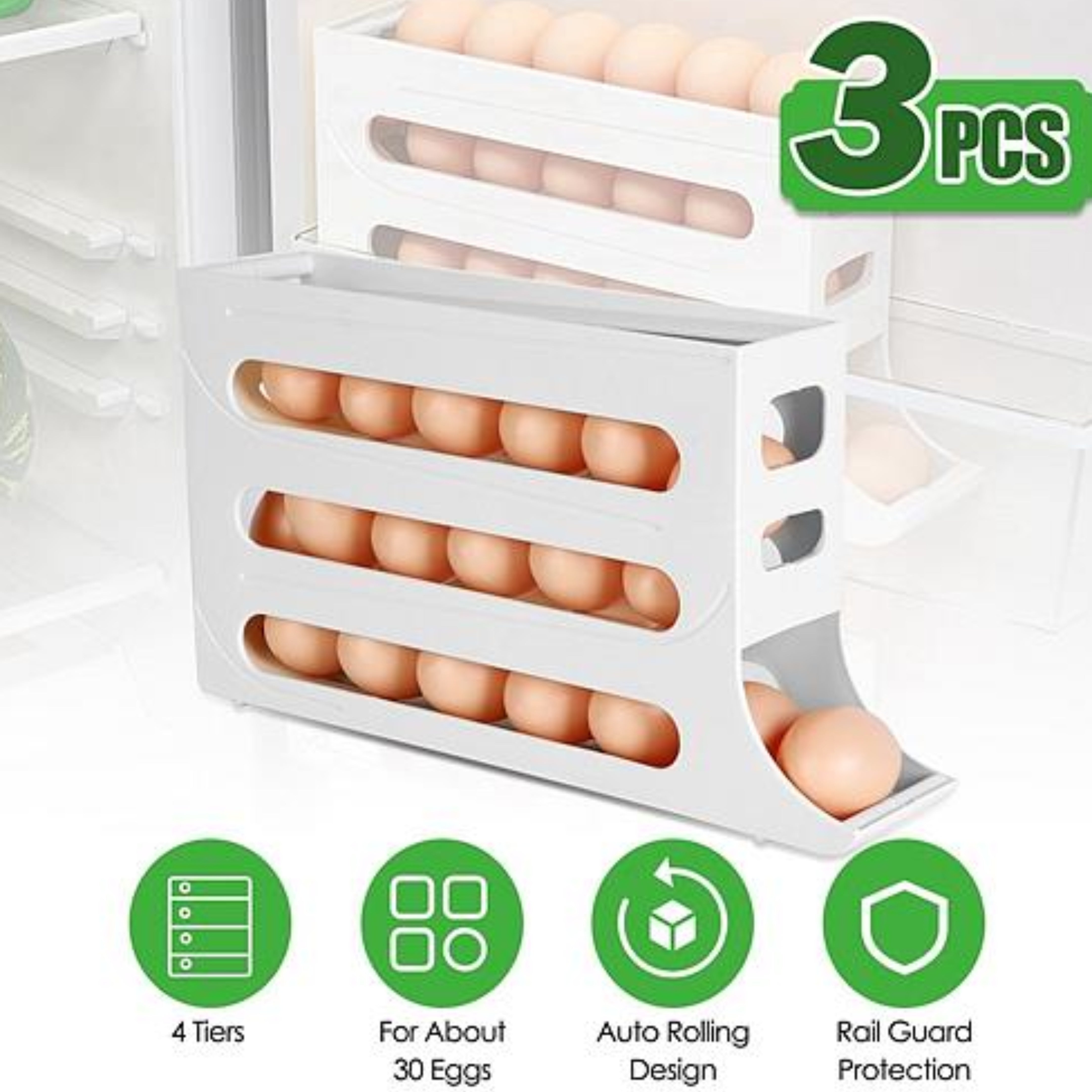 NewHome 3Pcs 4 Tiers Egg Holder - Auto Rolling Fridge Egg Organizer