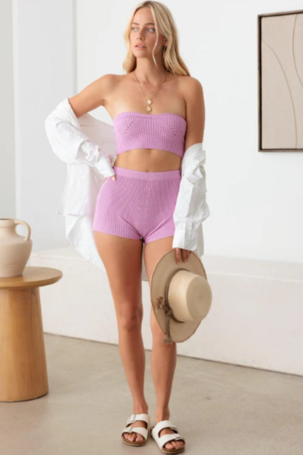 Heart Neckline Crop Tube Top & Shorts Knit Set - Ballimart