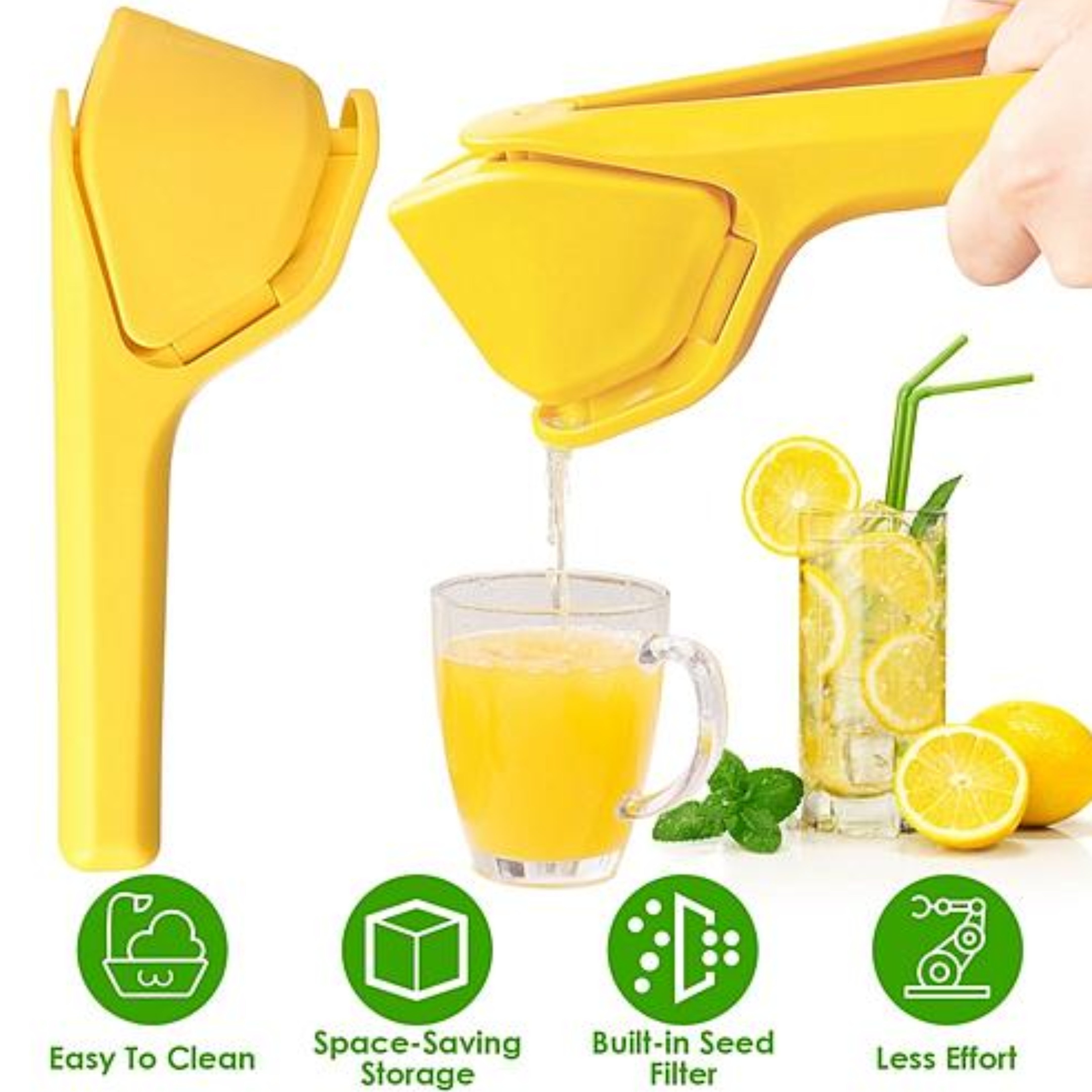 Manual Lemon Squeezer - Fold Flat Design, Effortless Hand Juicer with Sideways Pivot