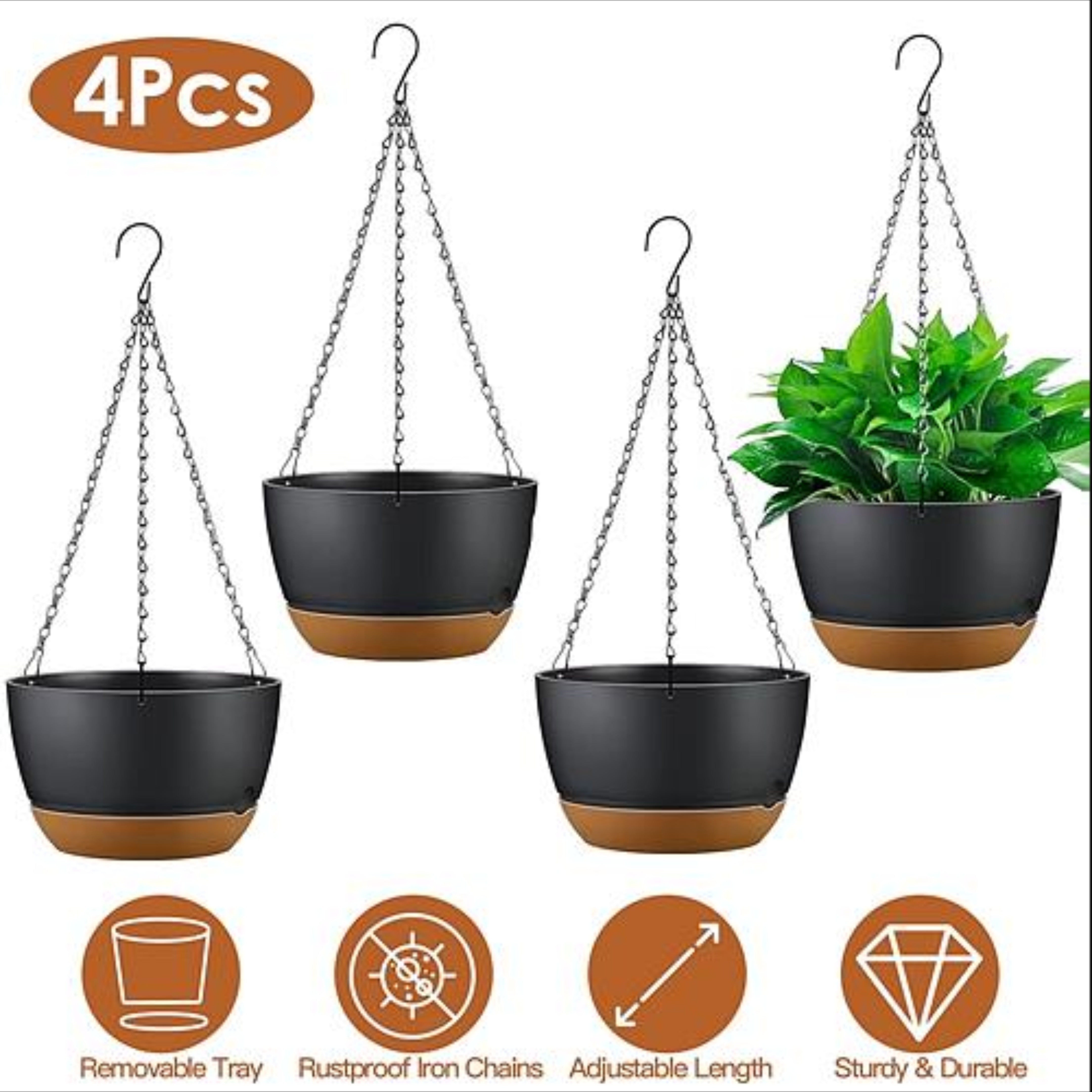 4PCS 9.64IN DIAMETER HANGING PLANTER WITH DRAINAGE HOLES REMOVABLE SELF-WATERING TRAY PLASTIC HANGING FLOWER PLANT POTS FOR INDOOR OUTDOOR HERB Ivy Fe