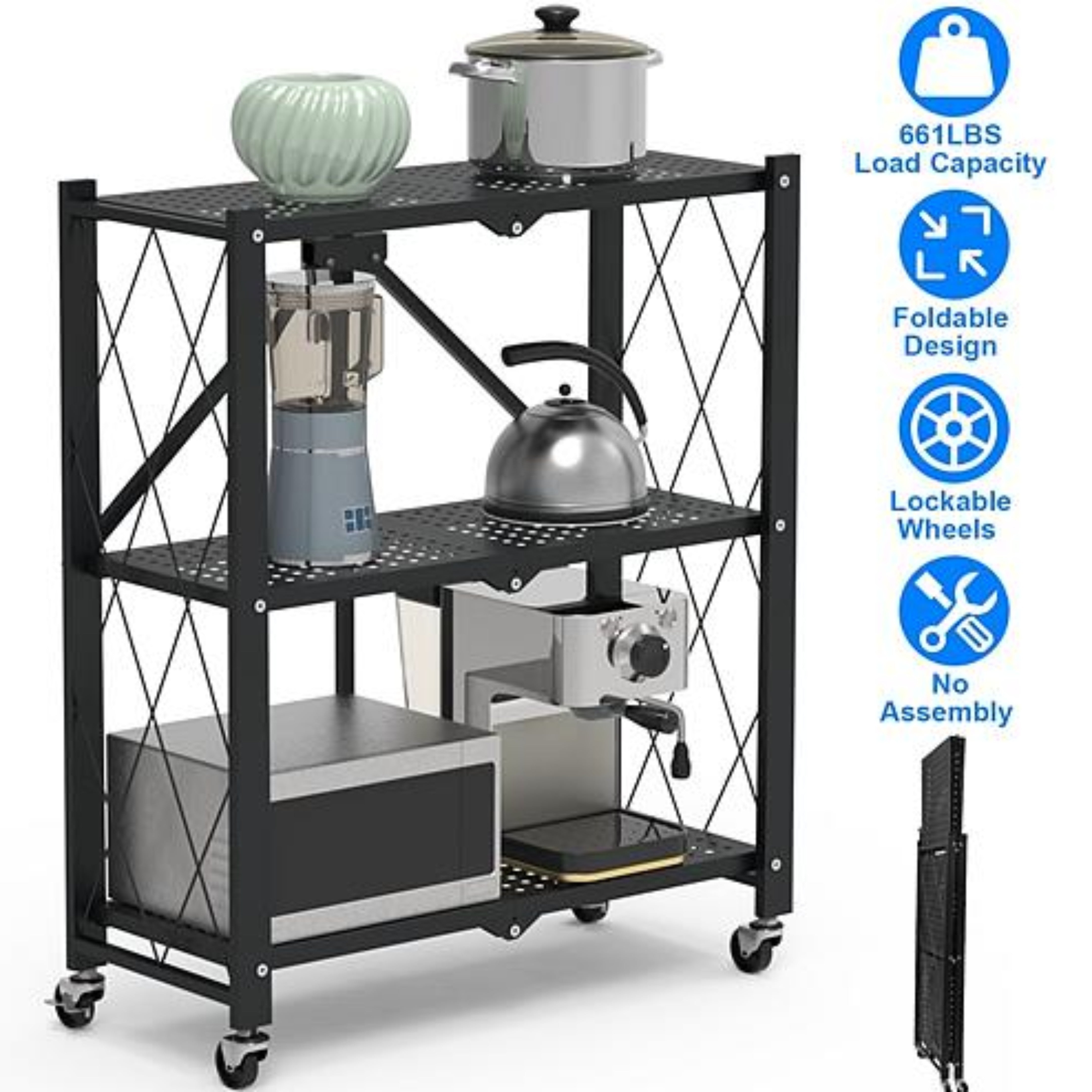 3-Tier Foldable Storage Shelf With Lockable Wheels - No Assembly Rolling Utility Shelf