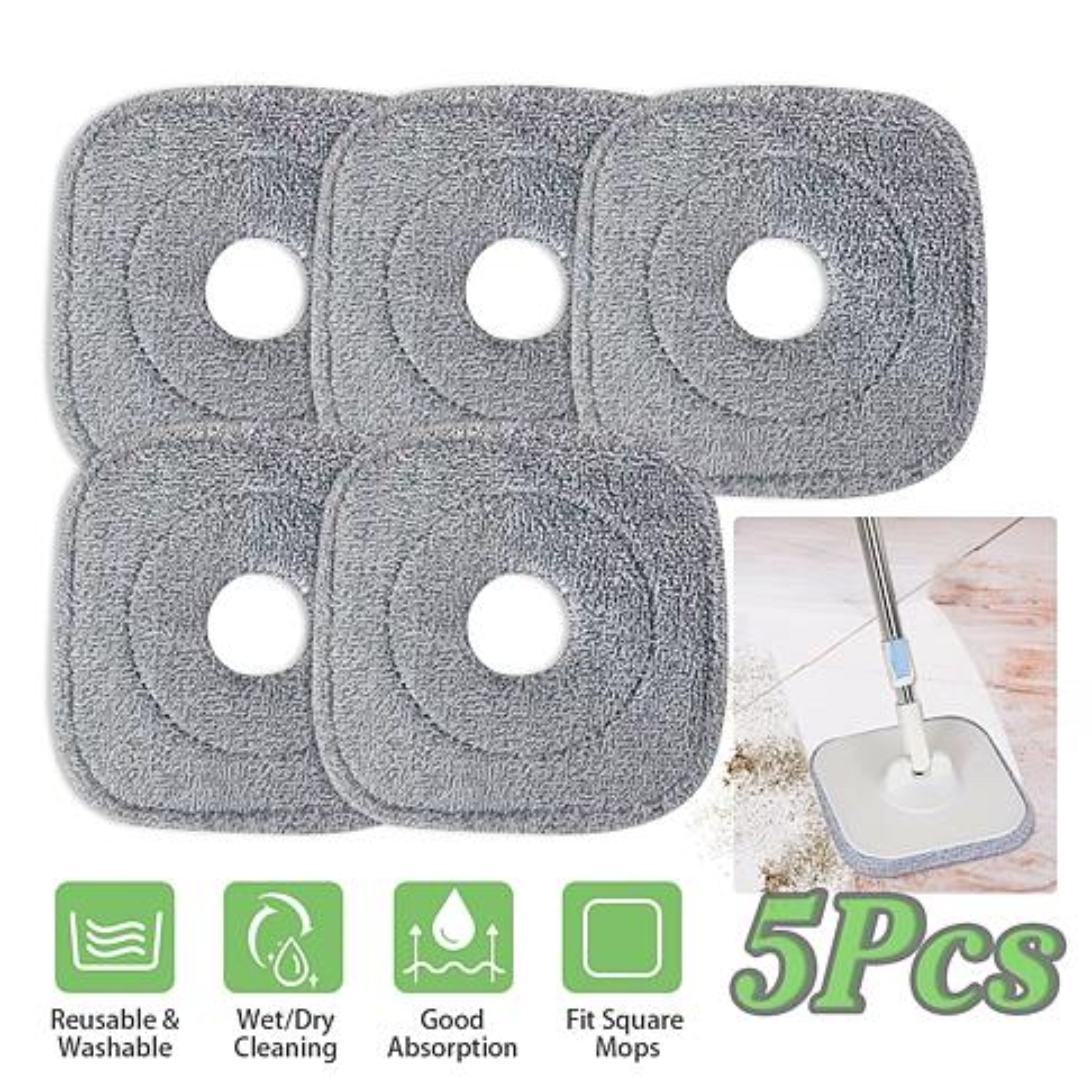 NewHome 5Pcs Microfiber Mop Pads - Reusable Washable Cloth Mop Flat Replacement Heads