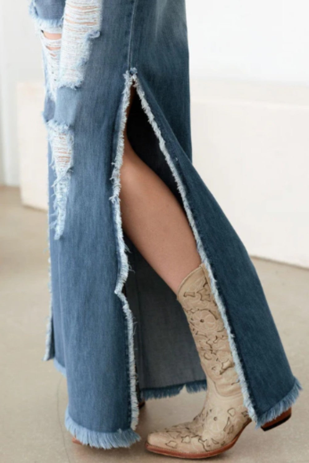 Blue Side Slit Wide Leg Destroyed Jeans - Ballimart