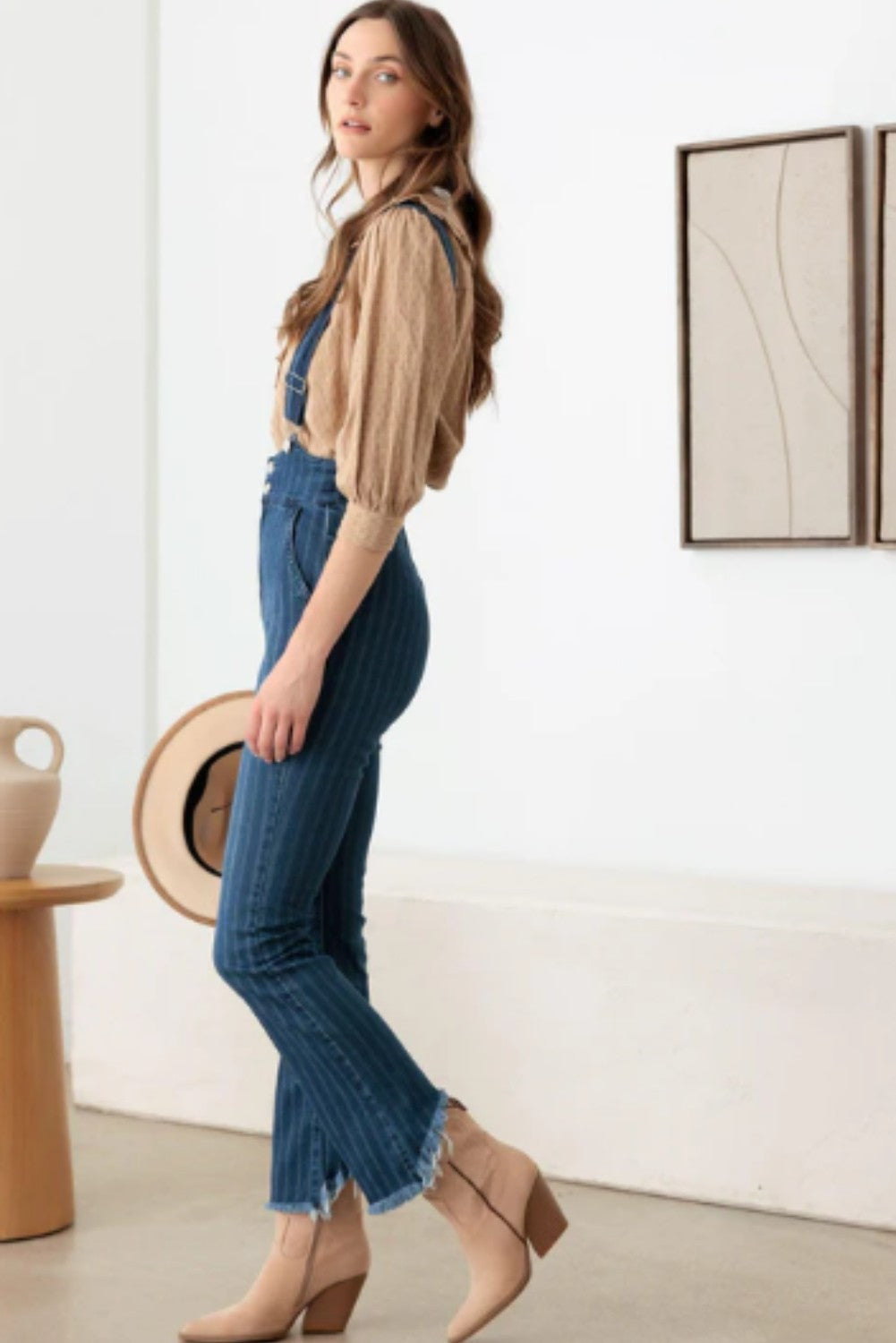 Striped Pattern Stretched Suspender Denim Jumpsuit