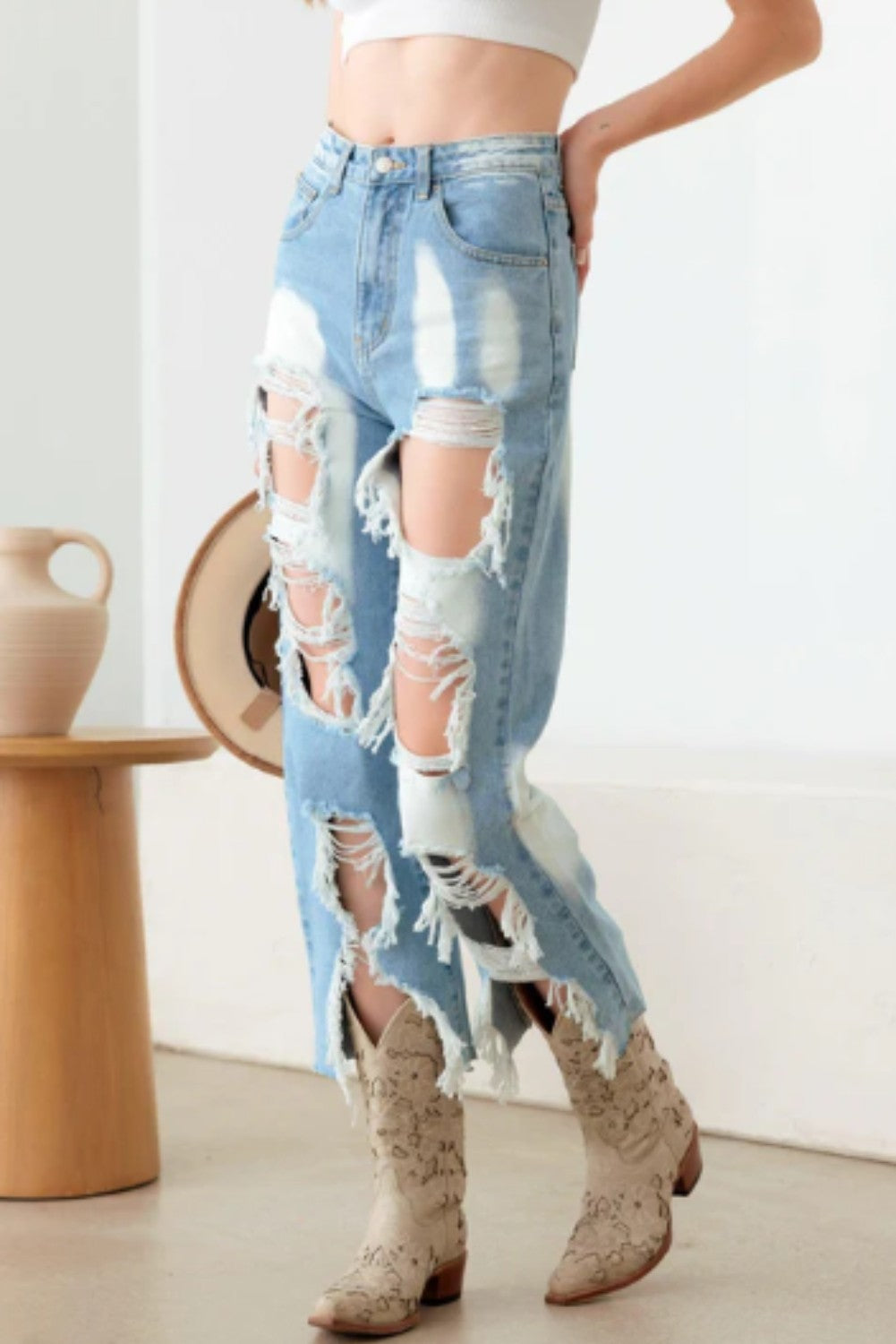 Light Blue Distressed Stylish Cut Jeans - Ballimart