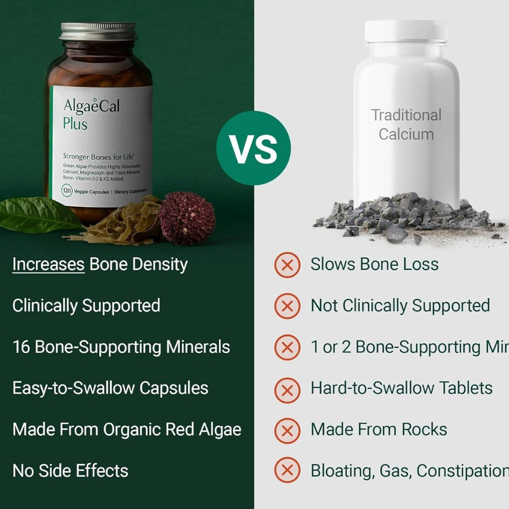 AlgaeCal Plus – Organic Red Algae Calcium Supplement with Vitamin D3, K2 MK-7, Magnesium & Trace Minerals – Bone Density & Strength Support – 120 Veggie Caps