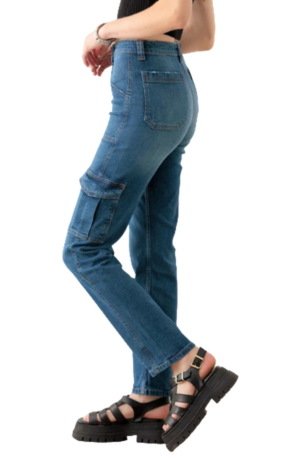 Blue High Rise Wide Cargo Jeans - Ballimart