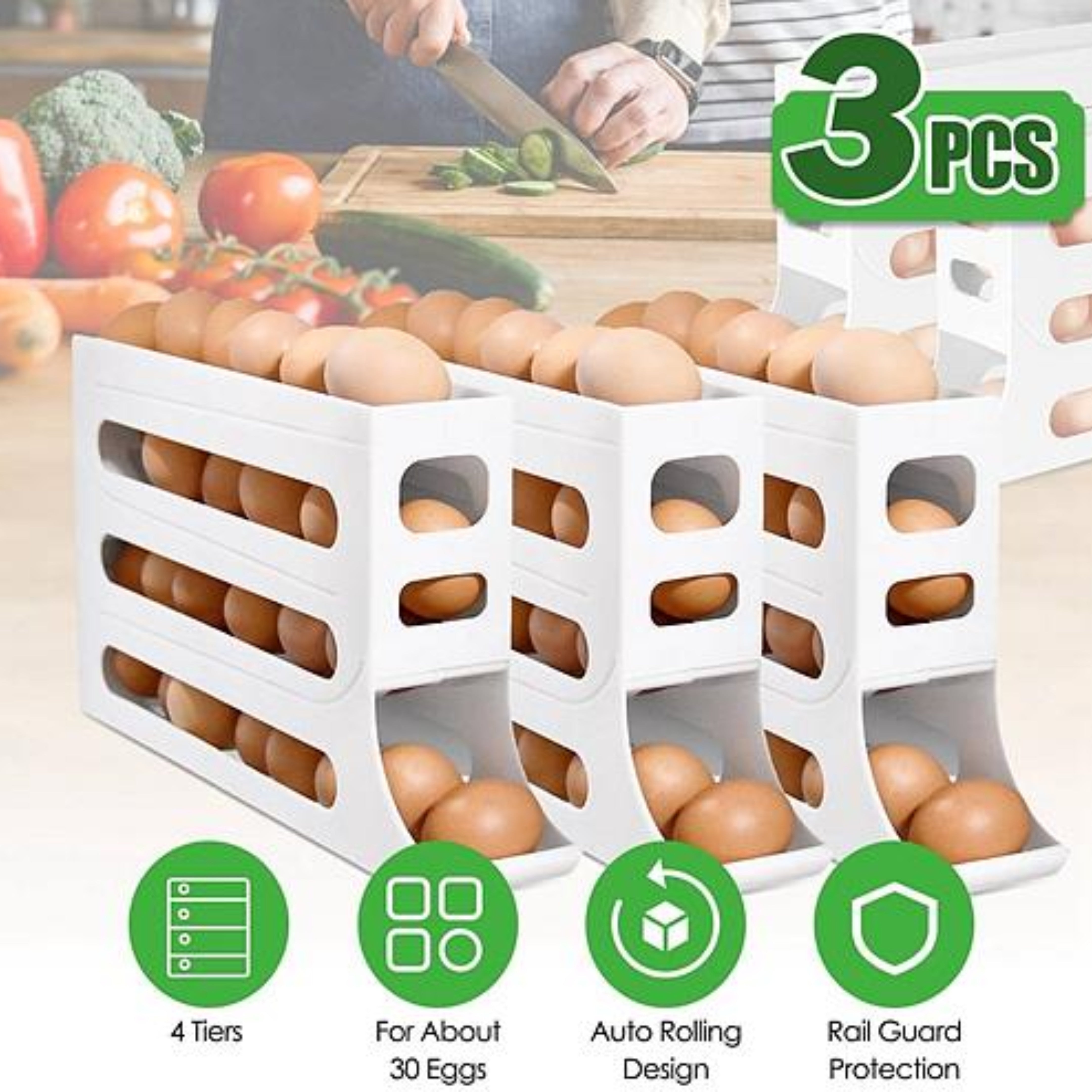 NewHome 3Pcs 4 Tiers Egg Holder - Auto Rolling Fridge Egg Organizer