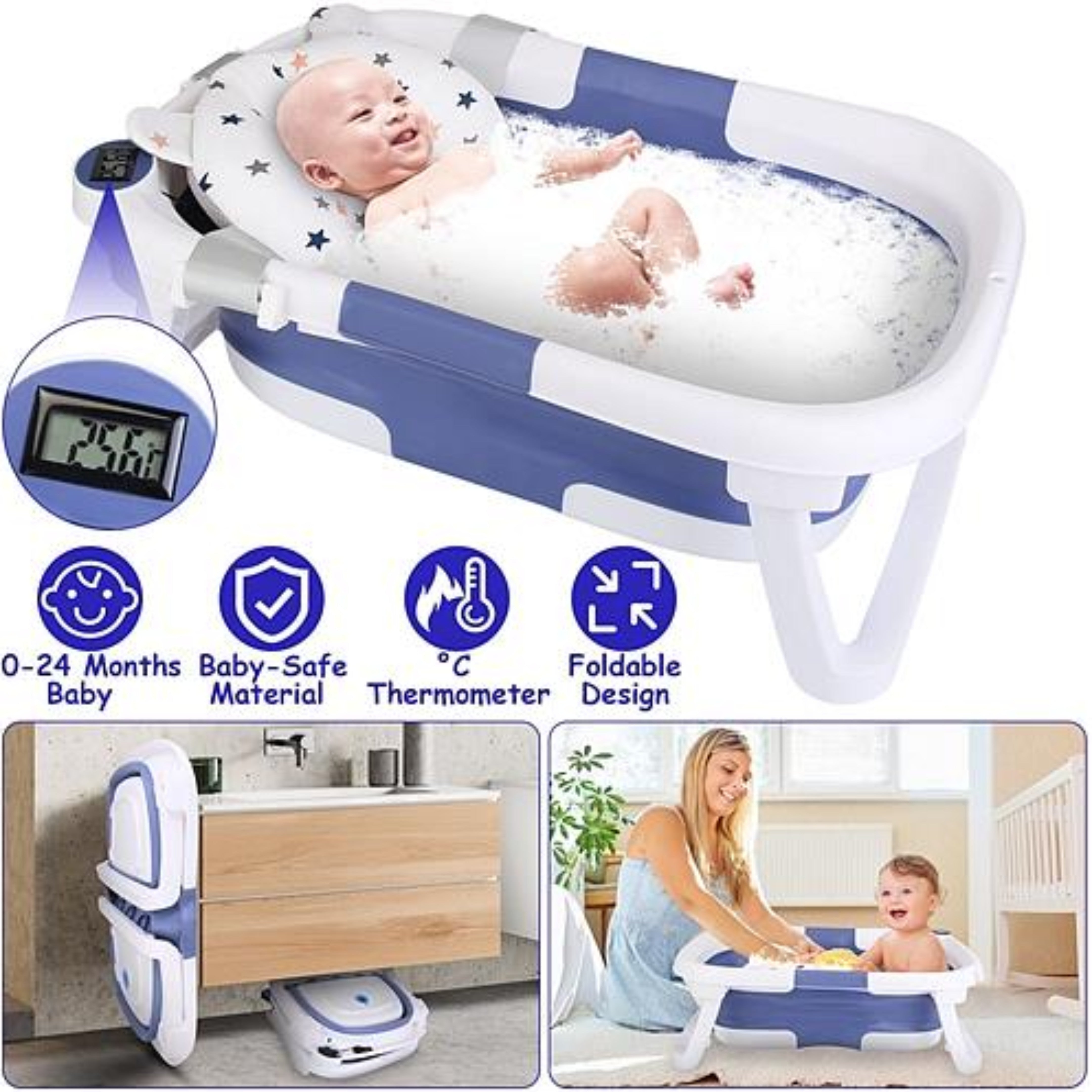 Babyluv Baby Bath Tub with Thermometer - Collapsible Travel-Friendly 0-24 Months Baby Bathtub