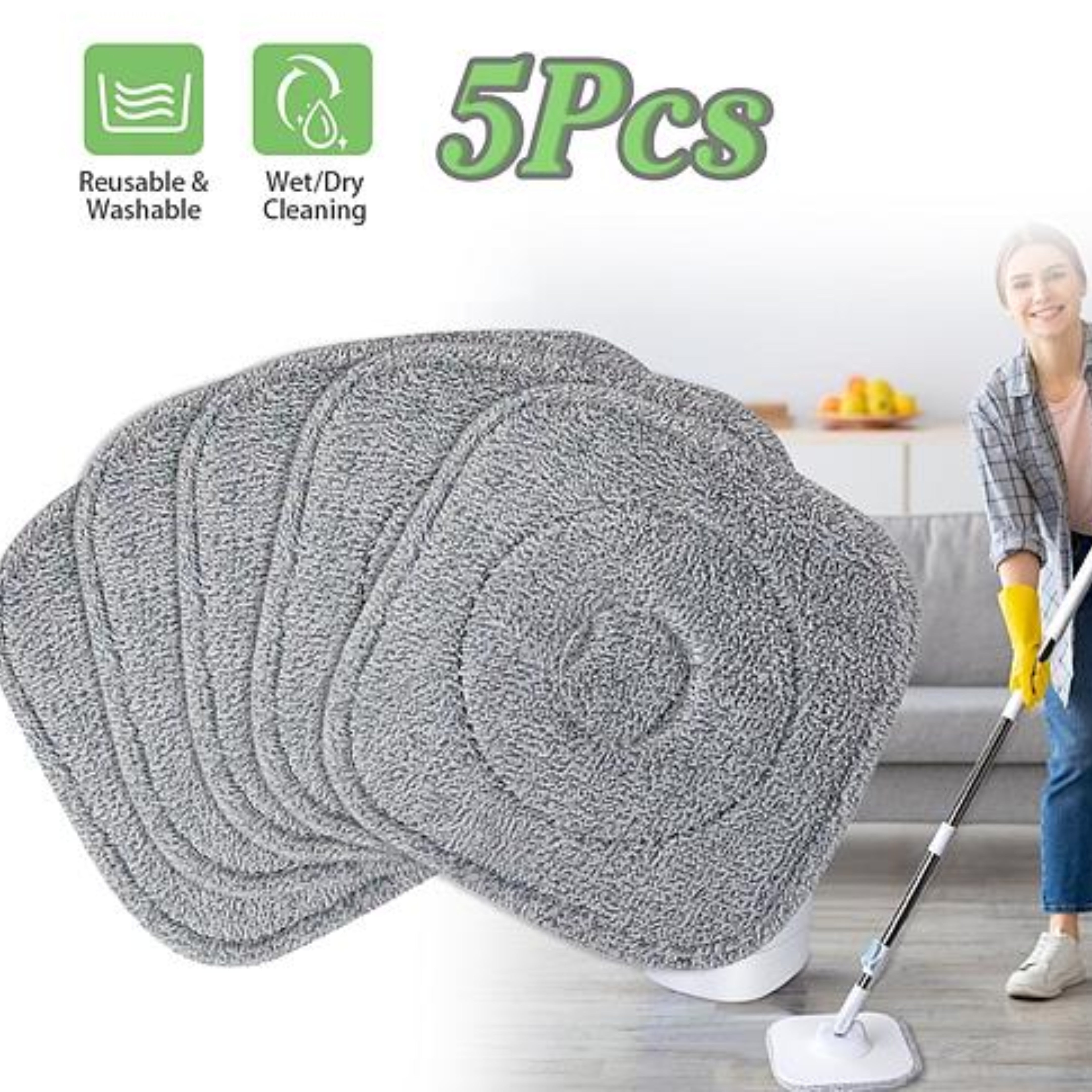 NewHome 5Pcs Microfiber Mop Pads - Reusable Washable Cloth Mop Flat Replacement Heads