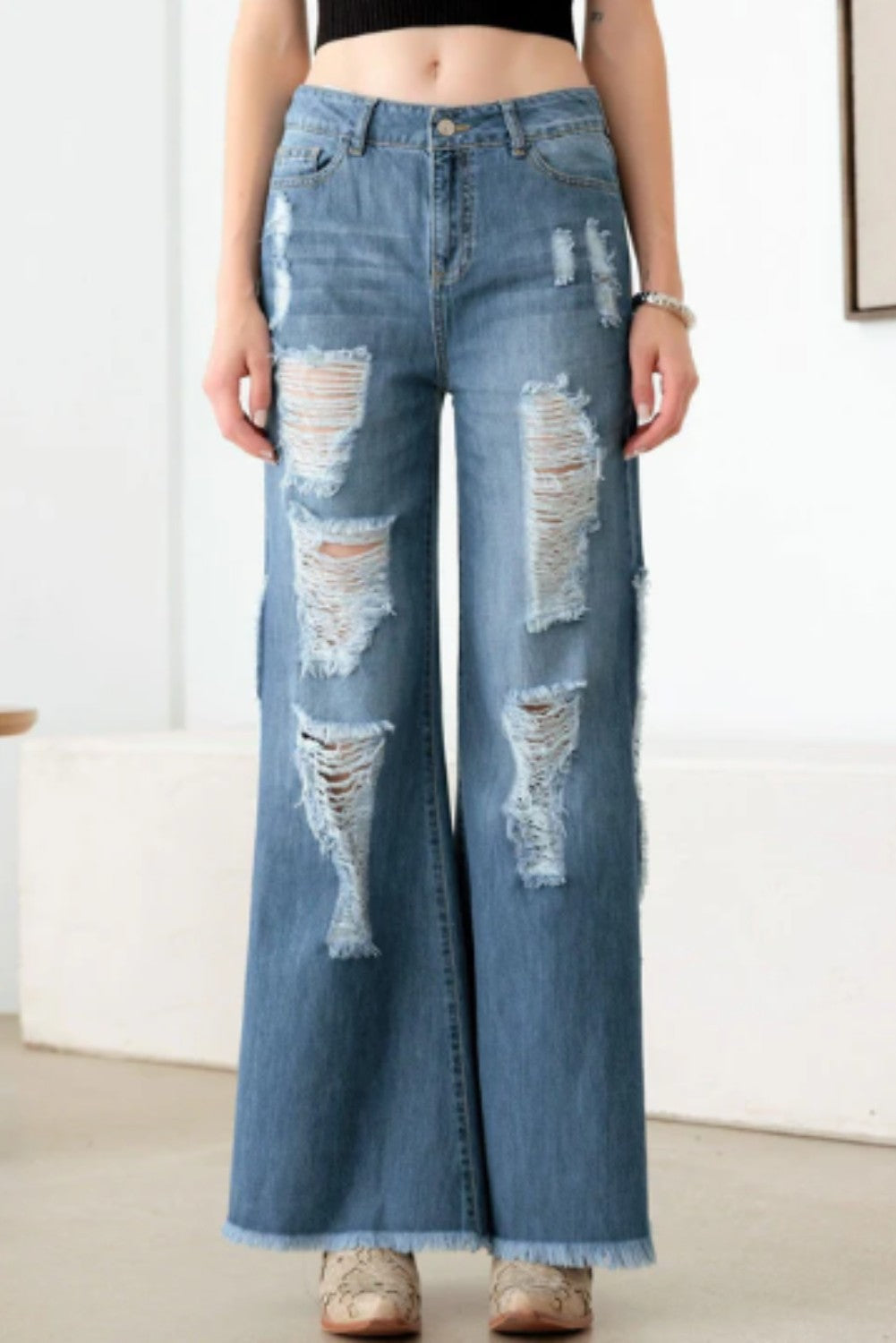 Blue Side Slit Wide Leg Destroyed Jeans - Ballimart