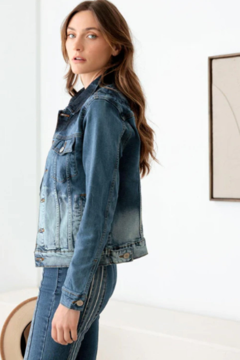Faded Blue Front Pockets Gold Buttons Denim Jacket - Ballimart